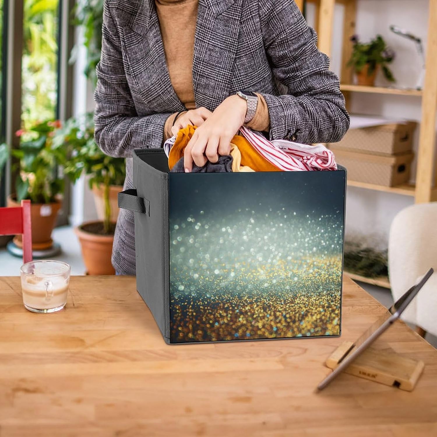 Contenedores de almacenamiento de luces vintage con purpurina con asa, cubo de almacenamiento plegable de tela sintética duradera, cubo de