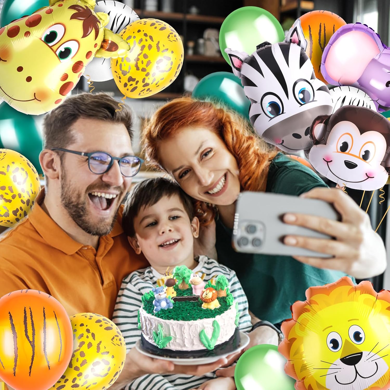 30 piezas de decoraciones de fiesta de cumpleaños de safari de la selva, paquete de 6 globos gigantes de animales de safari, 24 globos con estampado