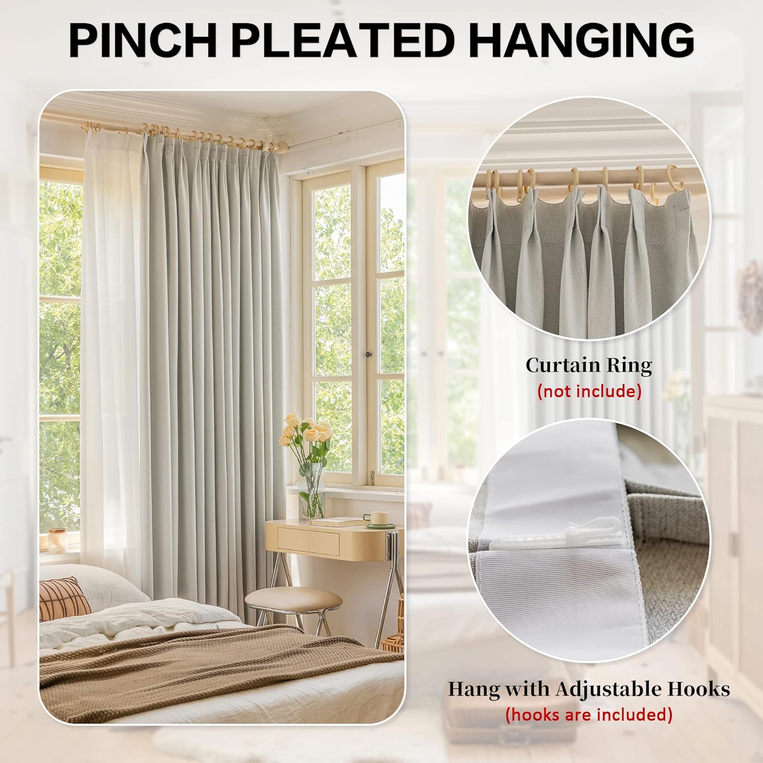 HUTO Cortina plisada opaca completa con alzapaños, cortina de lino sintético extra ancha para patio, dormitorio, sala de estar, abedul blanco, 84