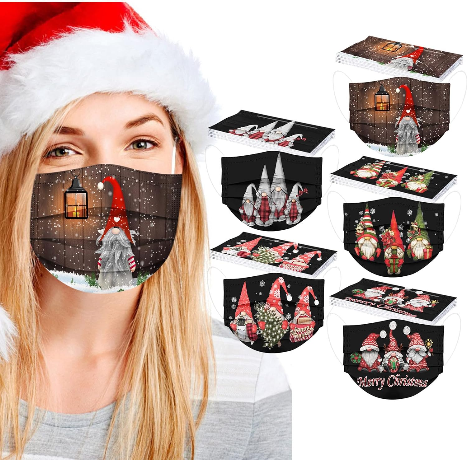 50 mascarillas desechables de Navidad para adultos, 3 capas, transpirables, protectoras, desechables, con diseño de ciervo de Papá Noel