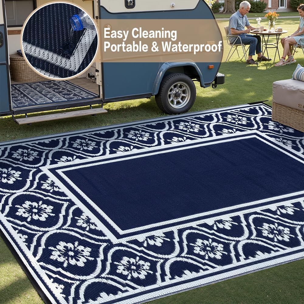 Alfombra de patio al aire libre, 5 x 8 pies, impermeable, alfombra de paja de plástico reversible azul para caravana, cubierta, camping, entrada,