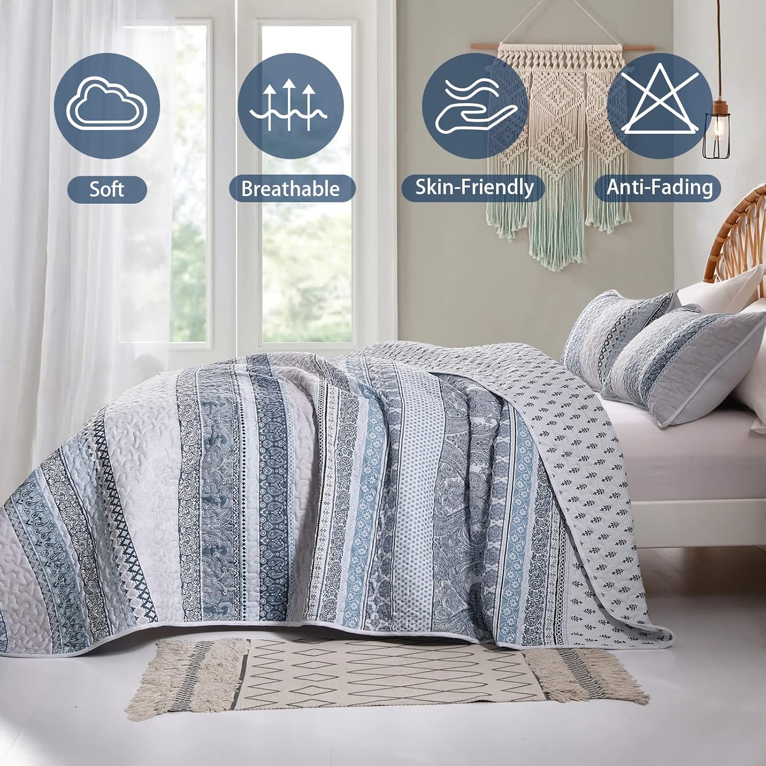 WONGS BEDDING Juego de edredón bohemio tamaño matrimonial, juego de edredón bohemio azul claro de 3 piezas, juego de ropa de cama ligero de verano