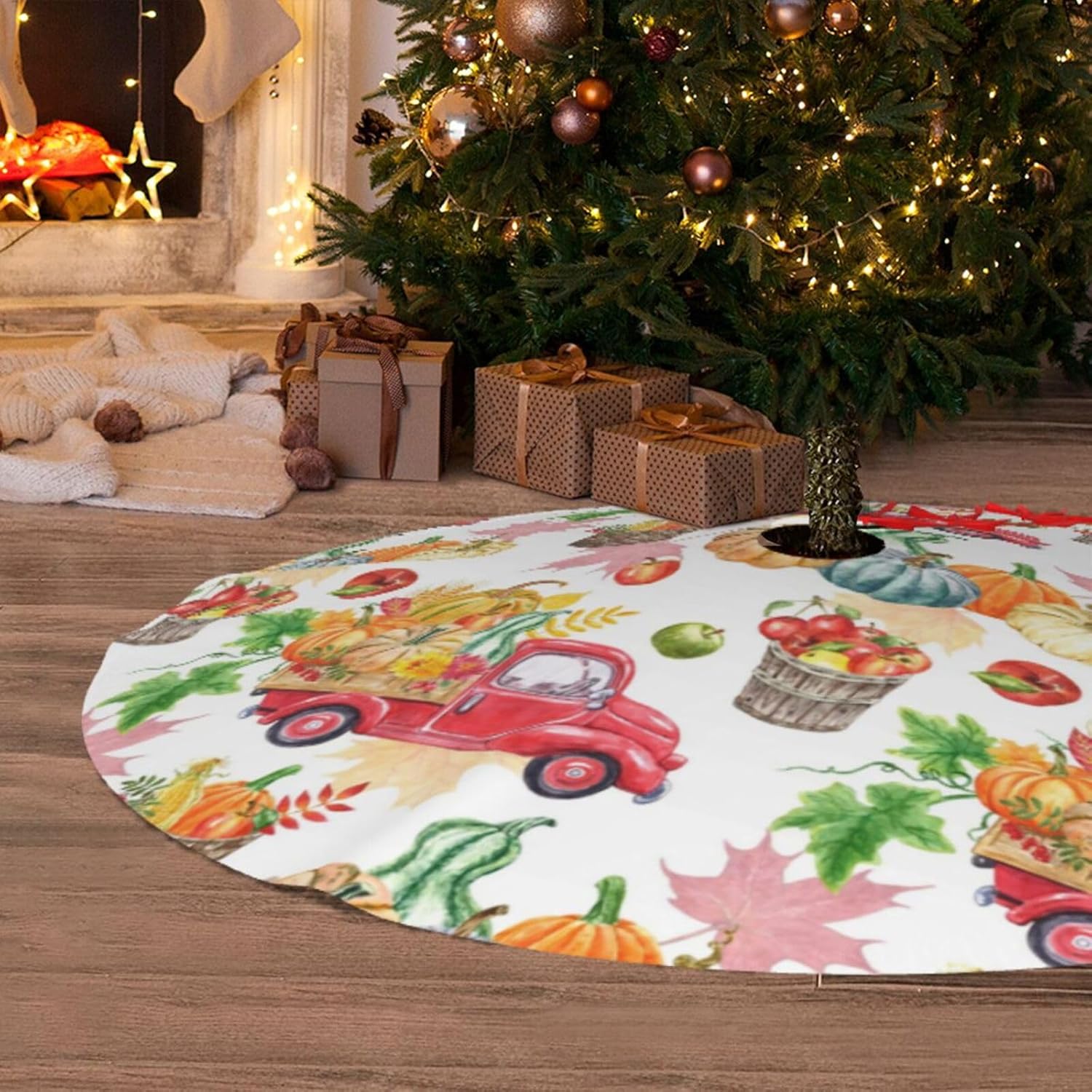 Otoño Acción de Gracias Otoño Otoño Vintage Camión Rojo Hoja de Calabaza 36 pulgadas Falda de árbol de Navidad Alfombra Alfombra Divertida