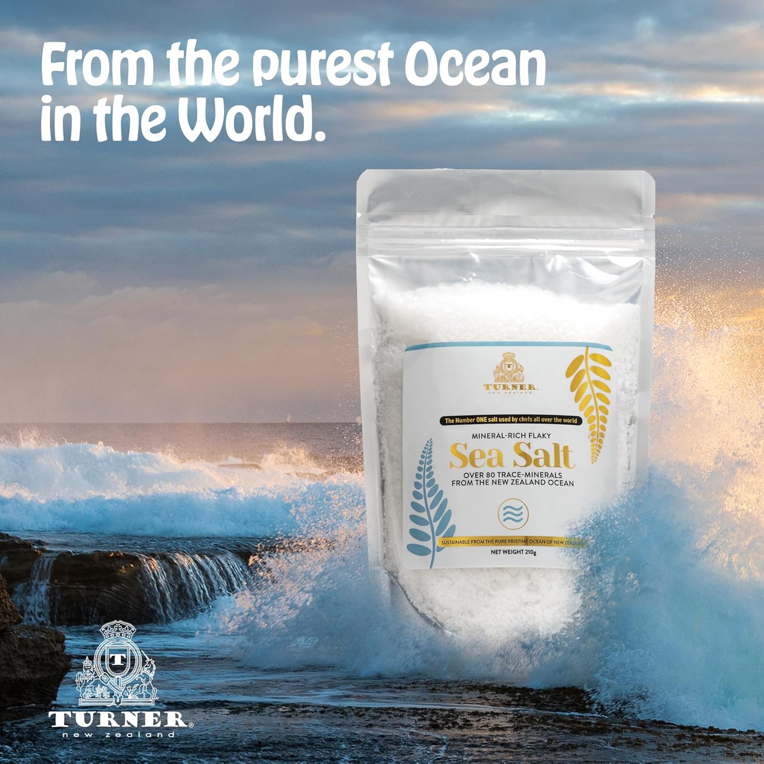 TURNER Sal marina escamosa rica en minerales, fabricada en Nueva Zelanda, copos Kosher, 37.04oz, gourmet de alta calidad, sin procesar, 84 minerales