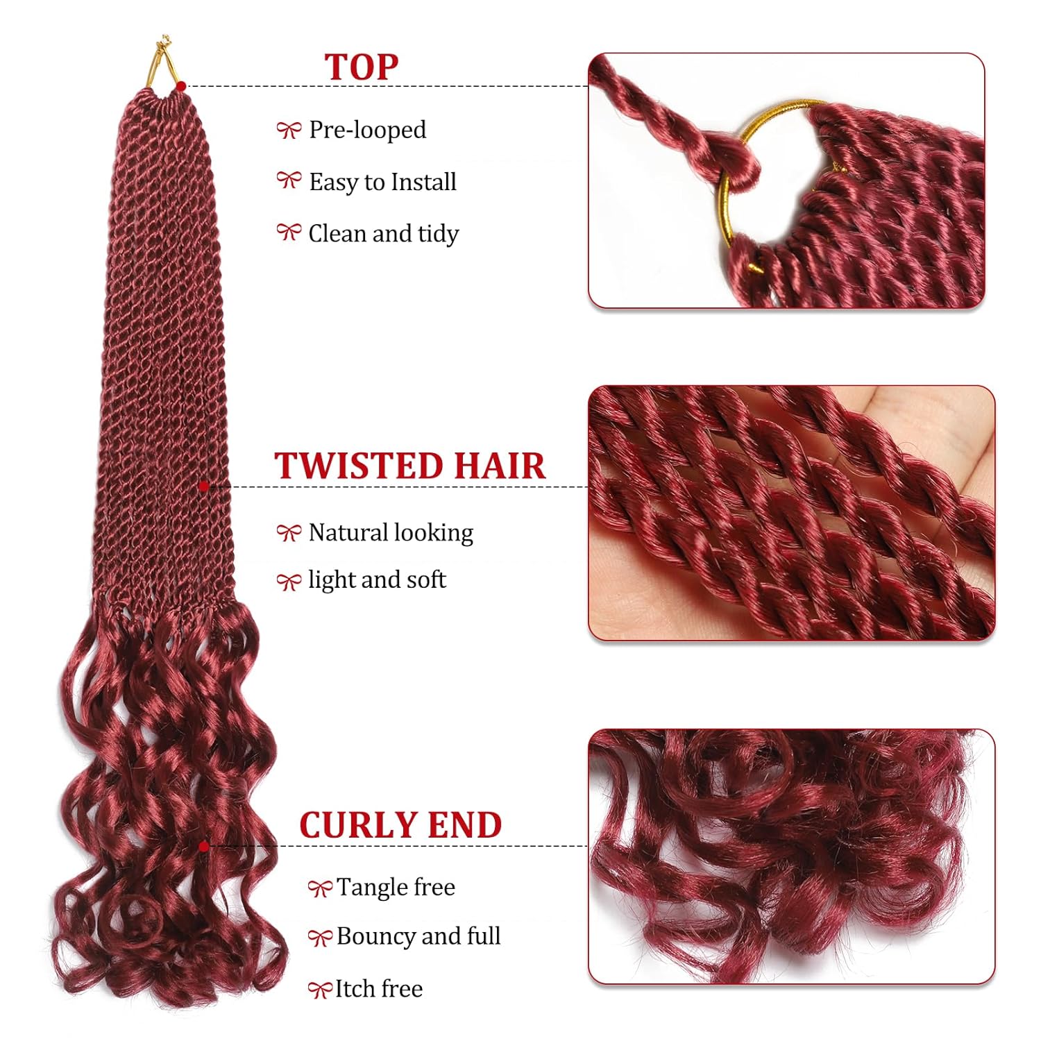 Cabello senegalés de ganchillo de 24 pulgadas, 9 paquetes de rizos franceses torcidos burdeos, 108 hebras, trenzas de ganchillo, extensiones de