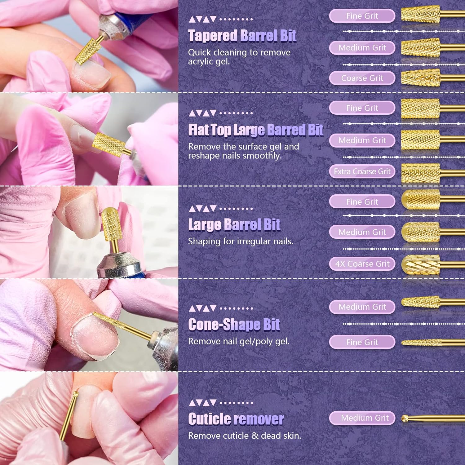 Depvko Juego de 13 brocas de carburo de tungsteno para uñas, brocas de cutícula para uñas acrílicas, para manicura, pedicura, salón de belleza en