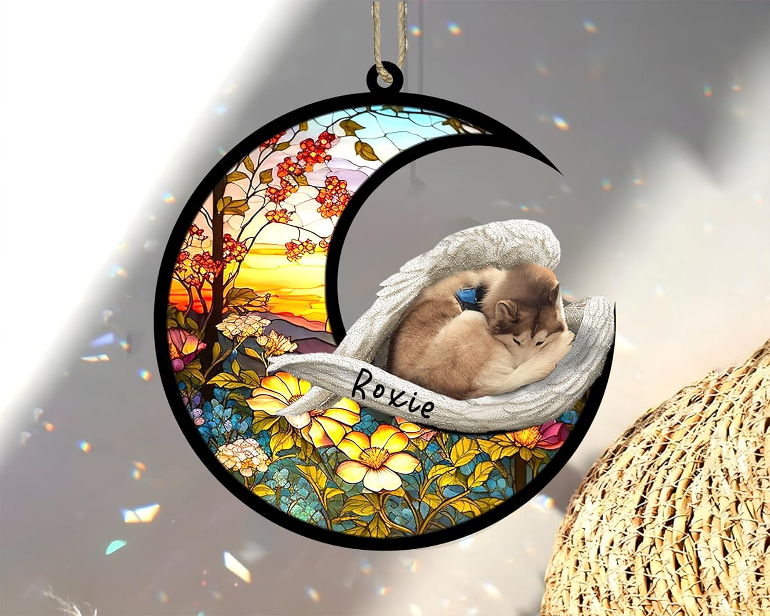 Husky personalizado – 1 Atrapasoles conmemorativo para perros, husky bronceado y blanco_1 adorno de Navidad con nombre, atrapasueños de mascotas,