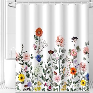 Cortinas de ducha florales para baño, 60 x 72 pulgadas, cortina de ducha de flores silvestres coloridas, cortina de baño de tela impermeable con 12 Cortinas de ducha florales para baño, 60 x 72 pulgadas, cortina de ducha de flores silvestres coloridas, cortina de baño de tela impermeable con 12