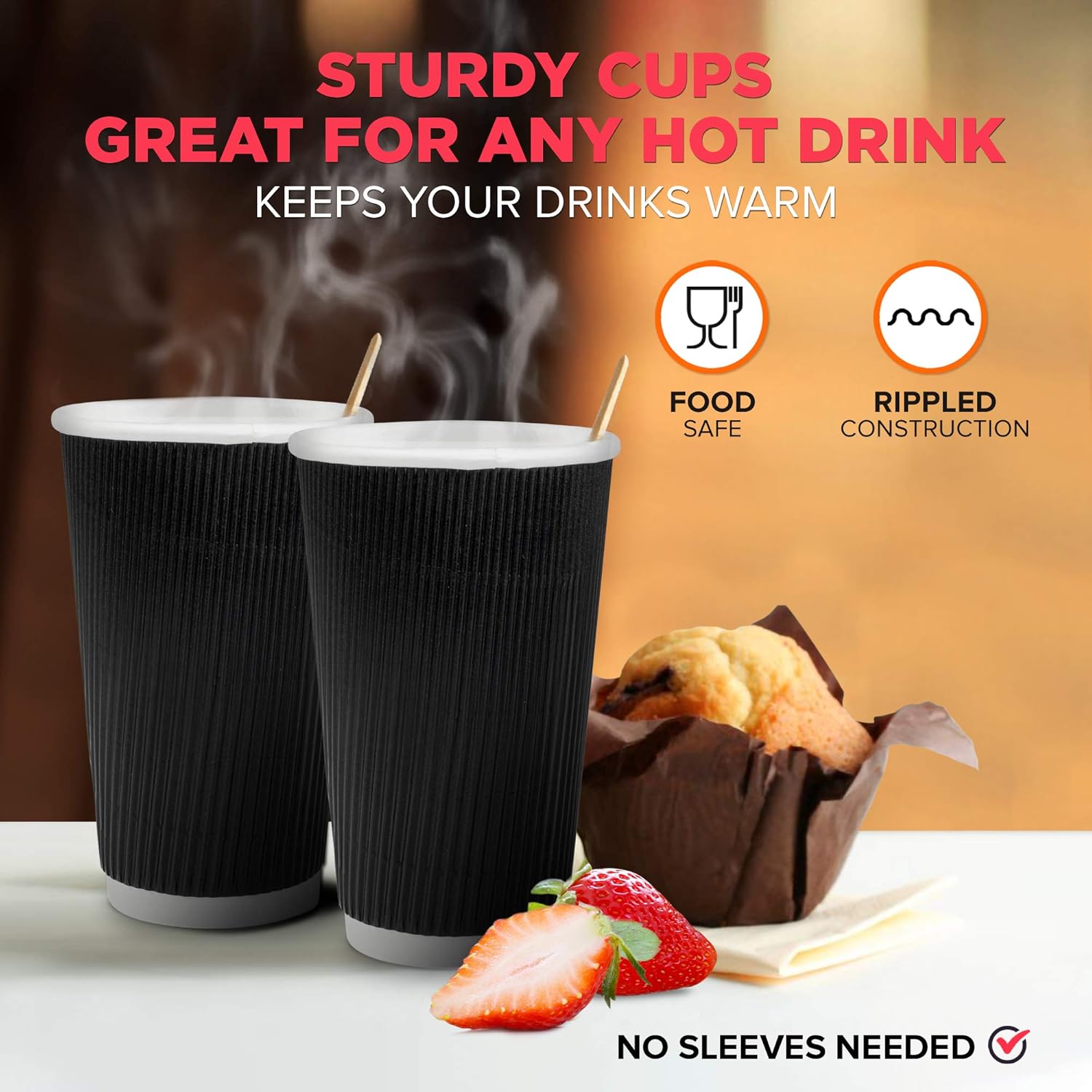 Paquete de 50 Vasos calientes desechables  20 onzas negras de doble pared aisladas mangas onduladas para llevar tazas de café  Vasos de bebidas