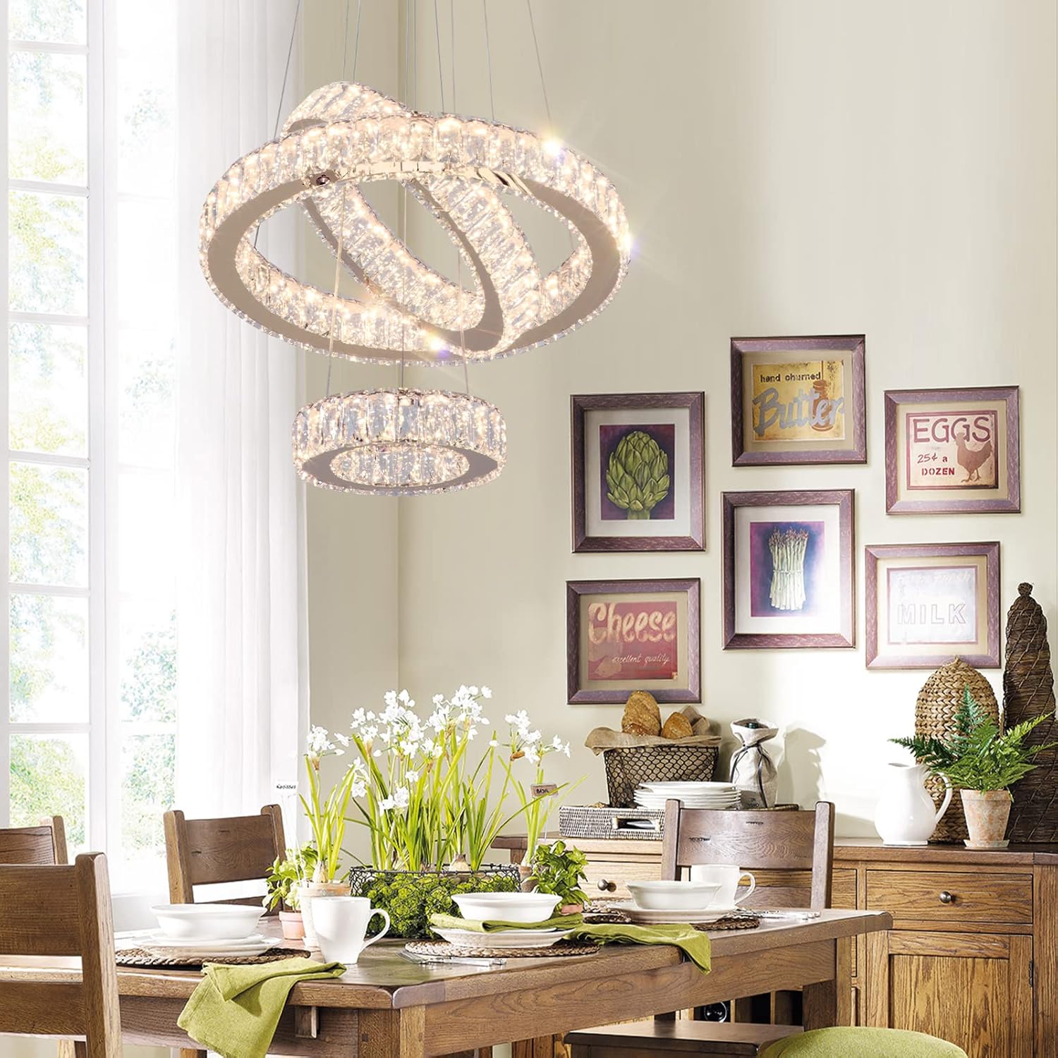 FRIXCHUR Candelabro LED de 3 anillos, modernos candelabros de cristal, luces colgantes ajustables, luces de techo doradas para dormitorio, comedor