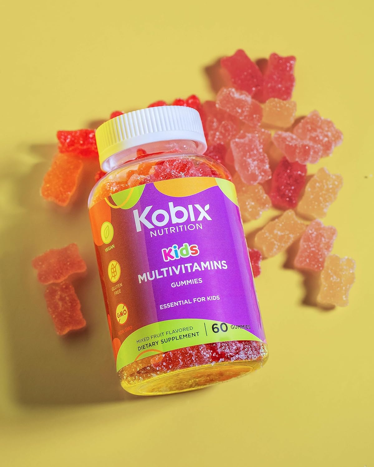 Kobix – Gomitas multivitamínicas para niños, vitaminas para niños, Kosher sin OMG, veganas, sin gluten, 60 gomitas esenciales para niños