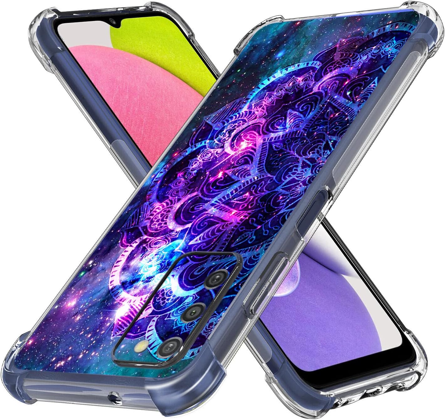 Funda para Galaxy A03s, diseño de mandala morado y cielo, a prueba de golpes, TPU de cuerpo completo, resistente a los arañazos, para Samsung Galaxy