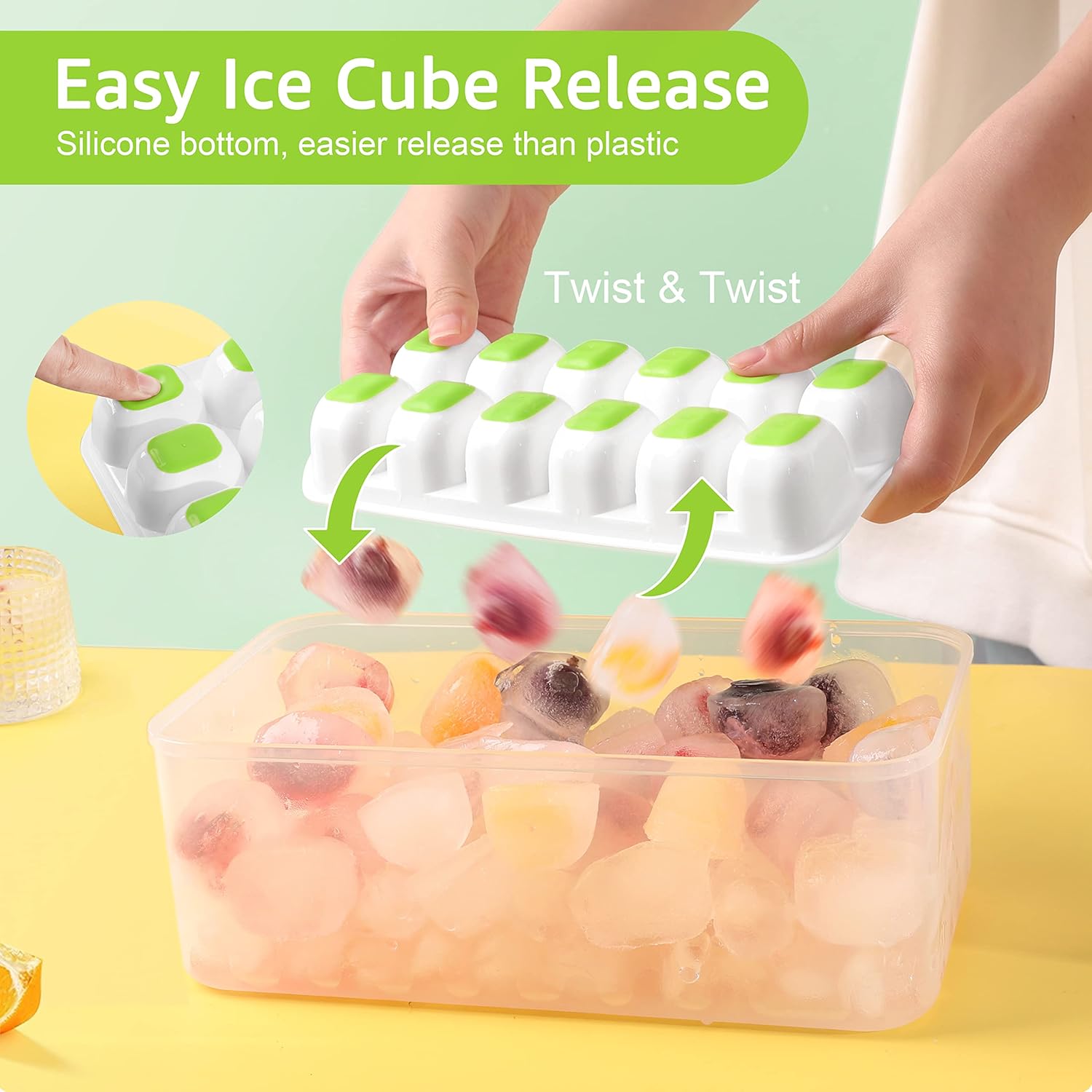 ICEXXP Paquete de 4 bandejas para cubitos de hielo con tapa y contenedor, bandejas de cubitos de hielo para congelador con caja de hielo, bandejas