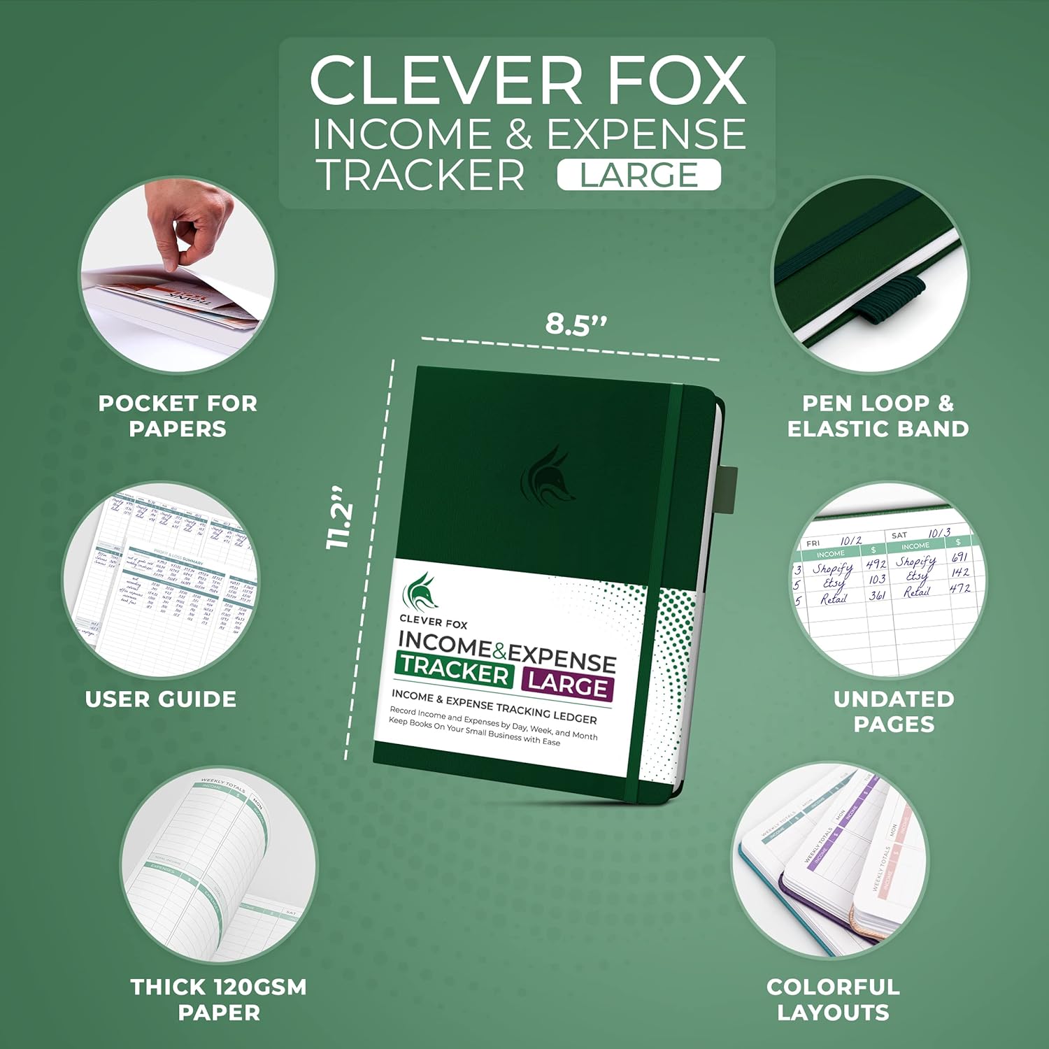 Clever Fox Rastreador de ingresos y gastos – Libro de contabilidad grande A4 para pequeñas empresas – Cuaderno de registro de ingresos y gastos de 2