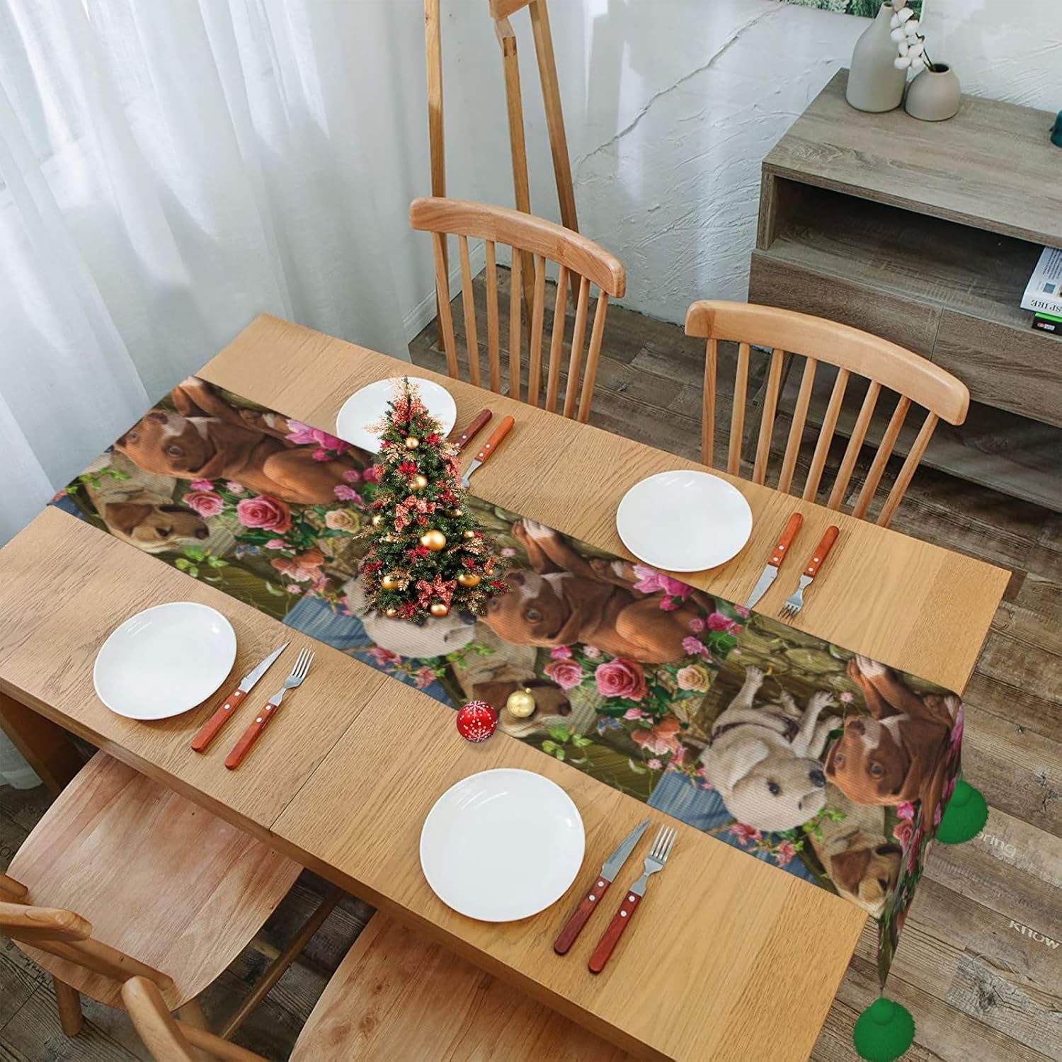 Camino de mesa de Navidad con perros lindos para decoración de mesa de comedor, decoración de Navidad para interiores, decoración del hogar, caminos