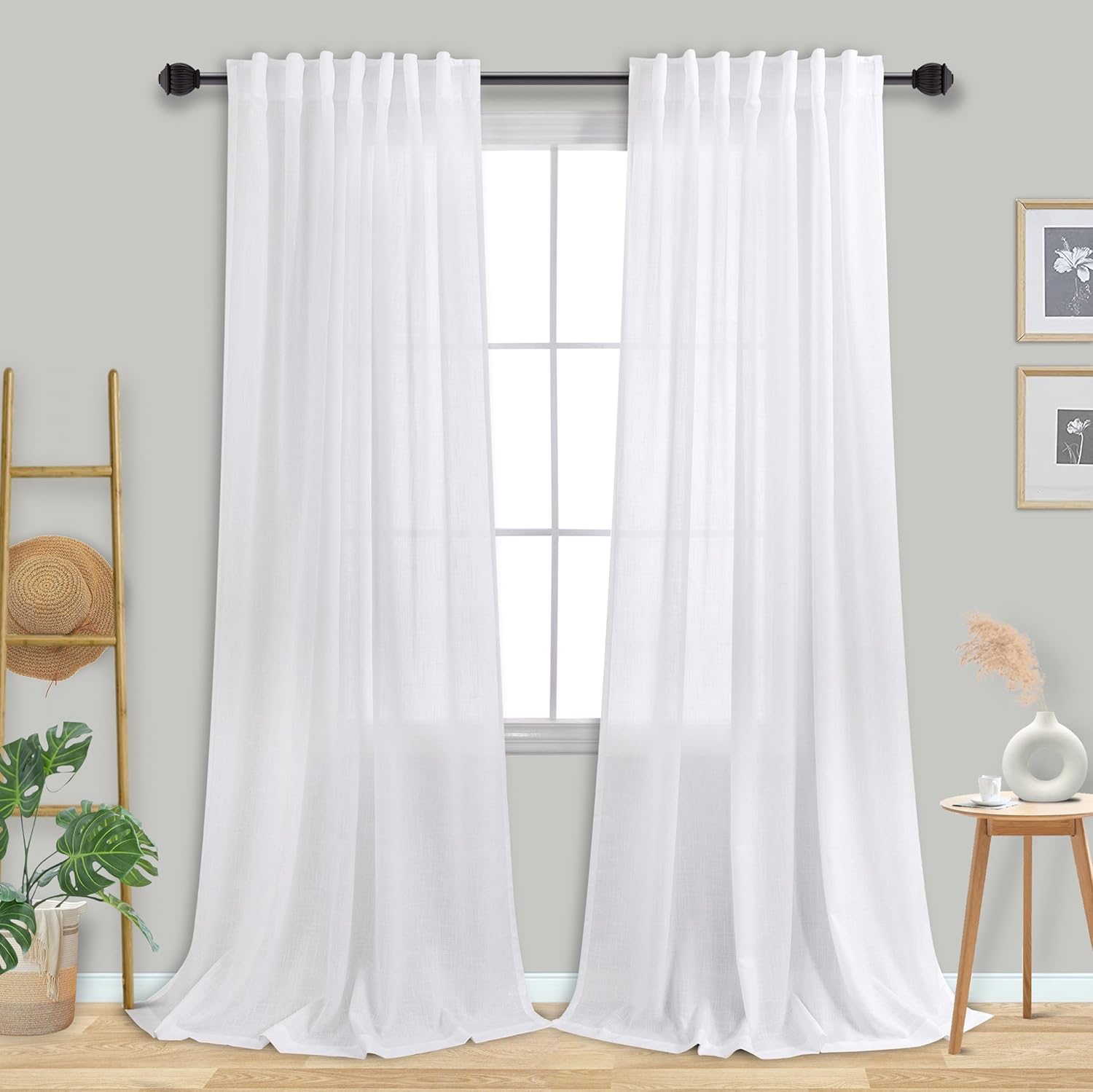 Cortinas de lino blanco de 90 pulgadas de largo para sala de estar, ligeras, decoración bohemia de granja, bolsillo para barra, pestaña trasera,