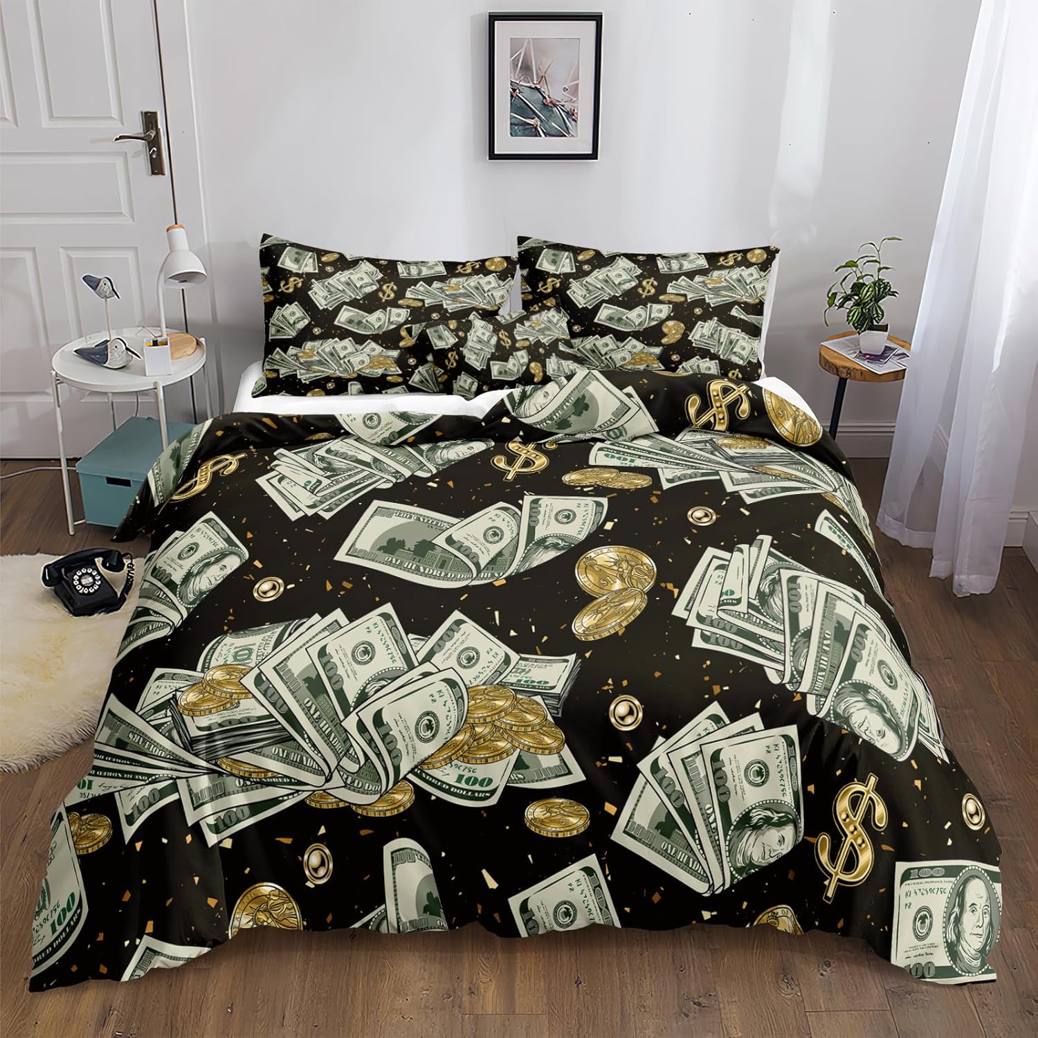 Merryword Juego de funda de edredón de lujo, tamaño King, juego de cama de billetes de dólar, patrón de monedas doradas abstractas, ropa de cama de