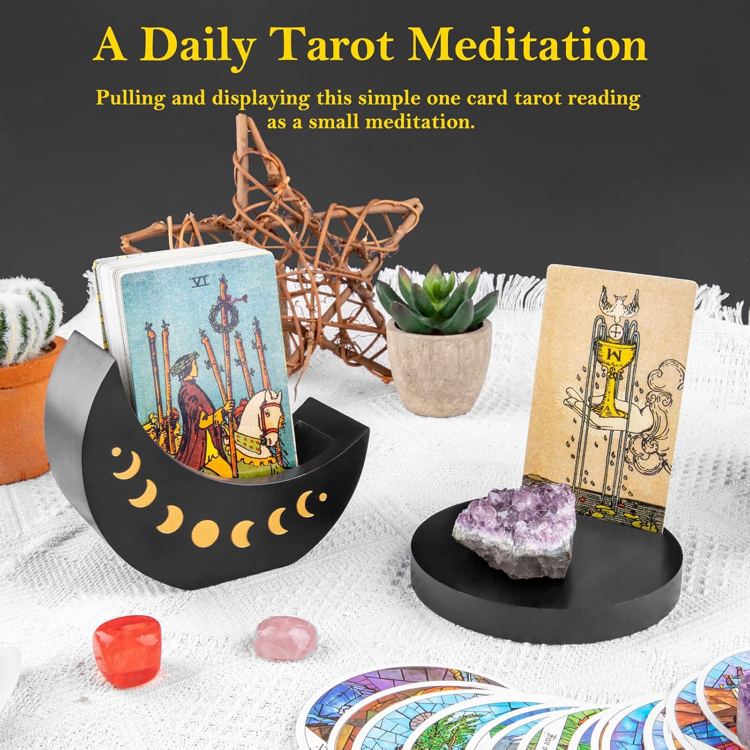 Ceiner Caja de exhibición de tarot con soporte para tarjetas, estuche de madera con soporte de fase lunar para almacenamiento de piedra de cristal,