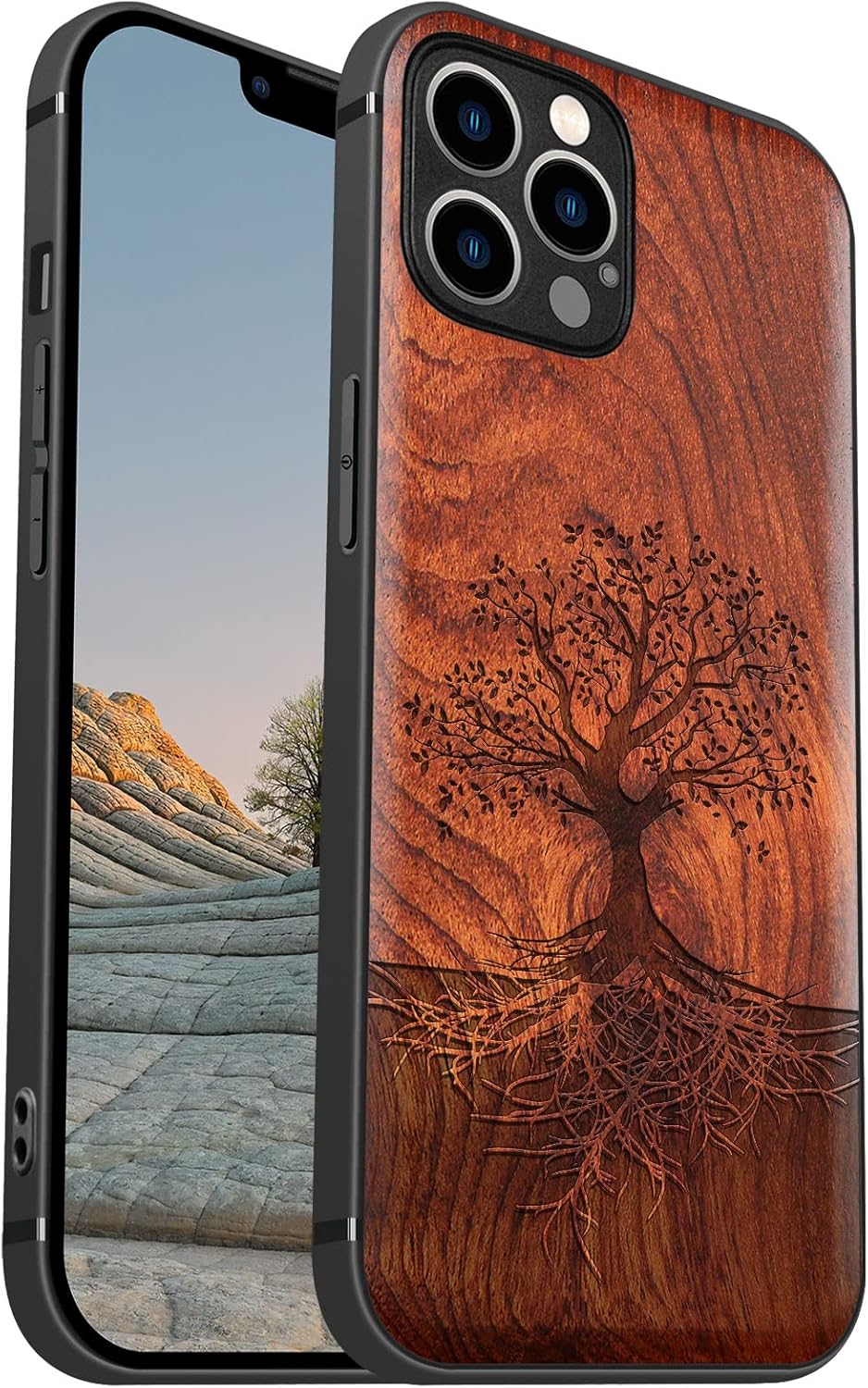 Carveit Funda magnética de madera para iPhone 12 Pro madera real dura y TPU suave negro a prueba de golpes, funda protectora única y elegante de