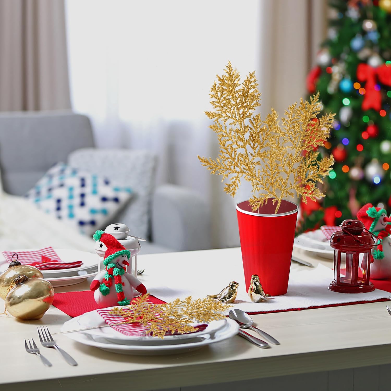 Sggvecsy Agujas de pino artificial con purpurina de Navidad, ramas de árbol de Navidad artificiales con tallo de pino, ramas de árbol de Navidad