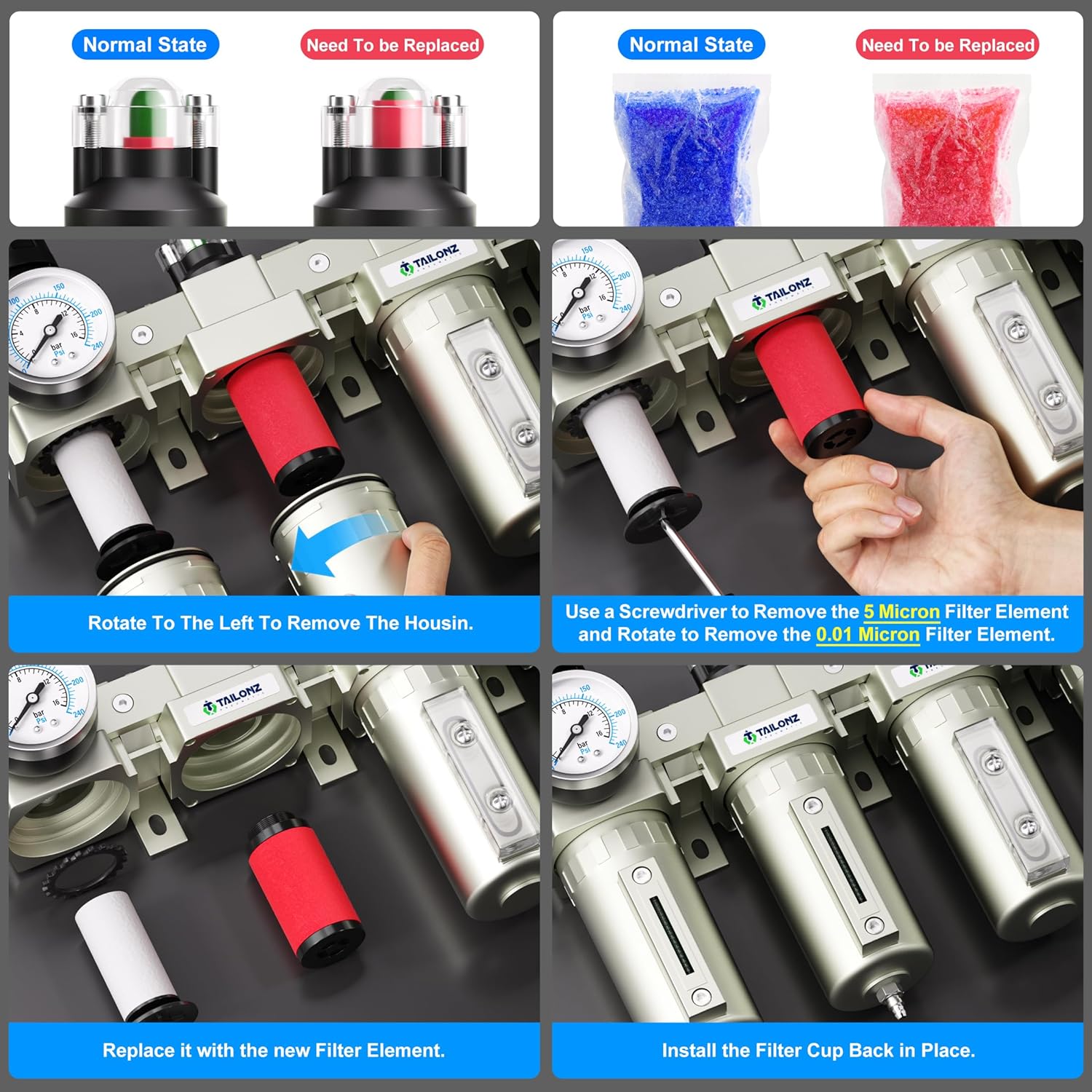 TAILONZ PNEUMATIC 0-240PSI Sistema de secado de aire de 4 etapas de grado industrial NPT de 34 pulgadas, filtro de partículas, filtro de