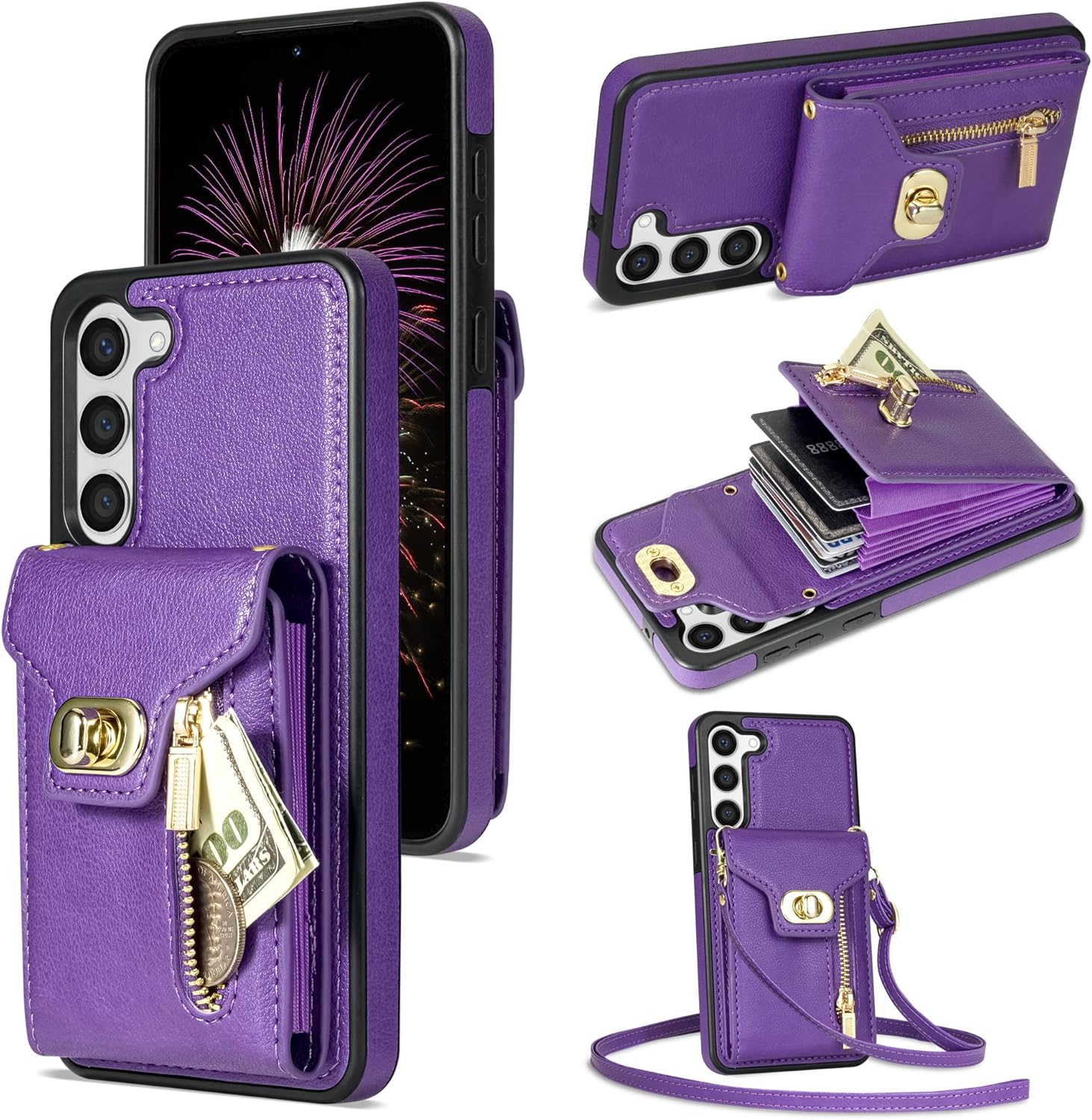 Asuwish Funda para teléfono Samsung Galaxy S23 5G con tarjetero para tarjeta de crédito, ranura con cremallera, correa cruzada, cordón, soporte de