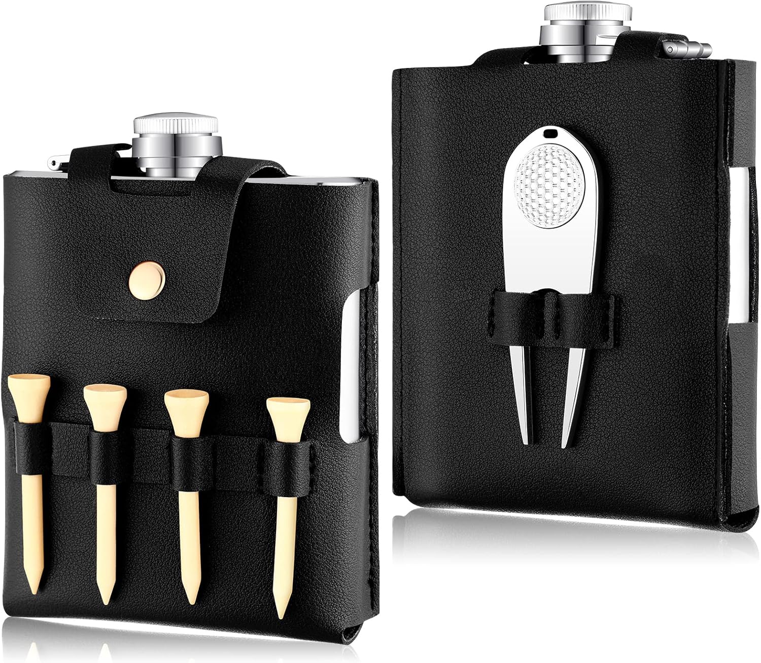 Set de regalo de botella de golf de acero inoxidable de 7 onzas con funda de cuero, accesorios de golf para hombres y mujeres, incluye frascos,