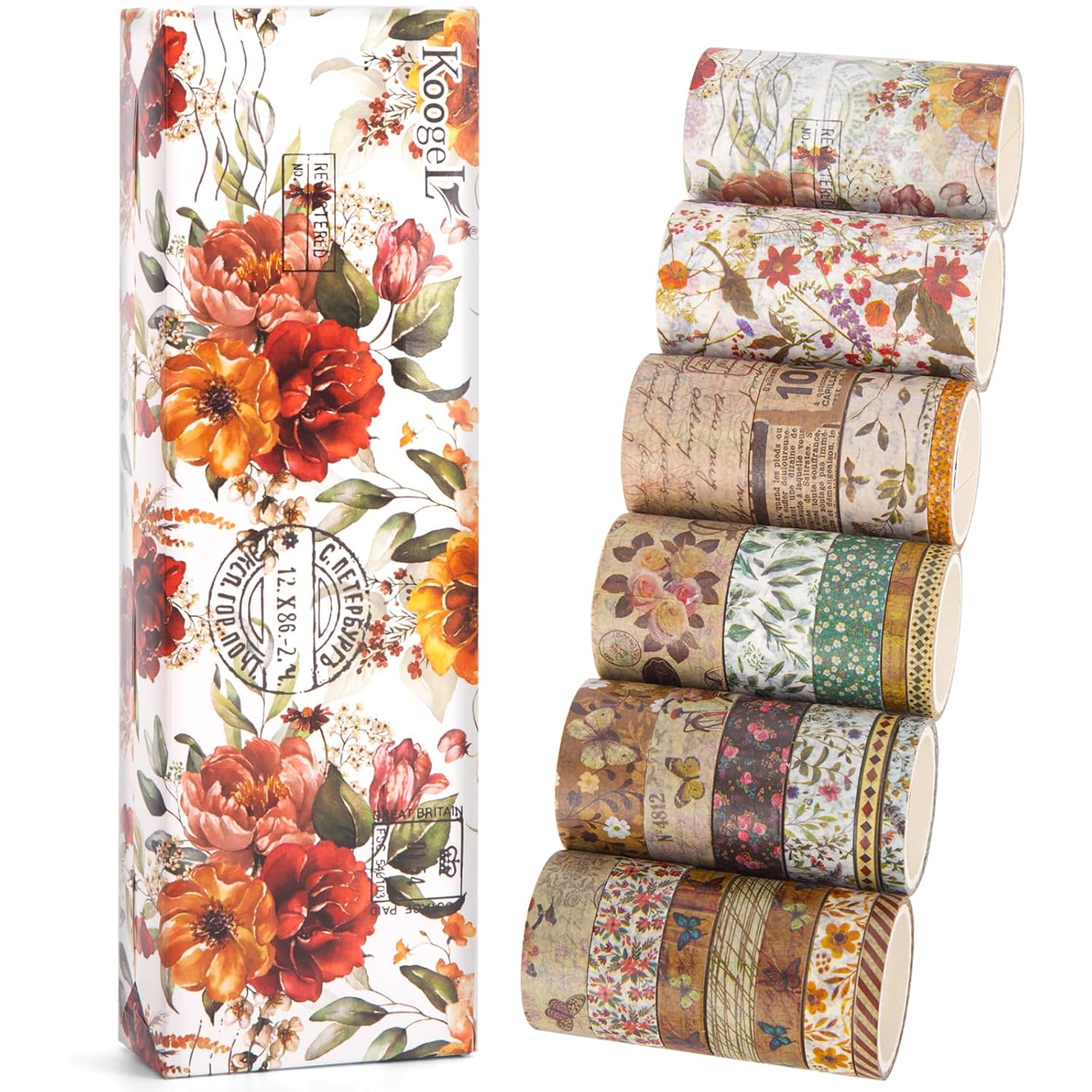 Koogel Juego de 32 rollos de cinta washi vintage de varios tamaños, cintas decorativas estéticas con fuerte adherencia para diario, manualidades,