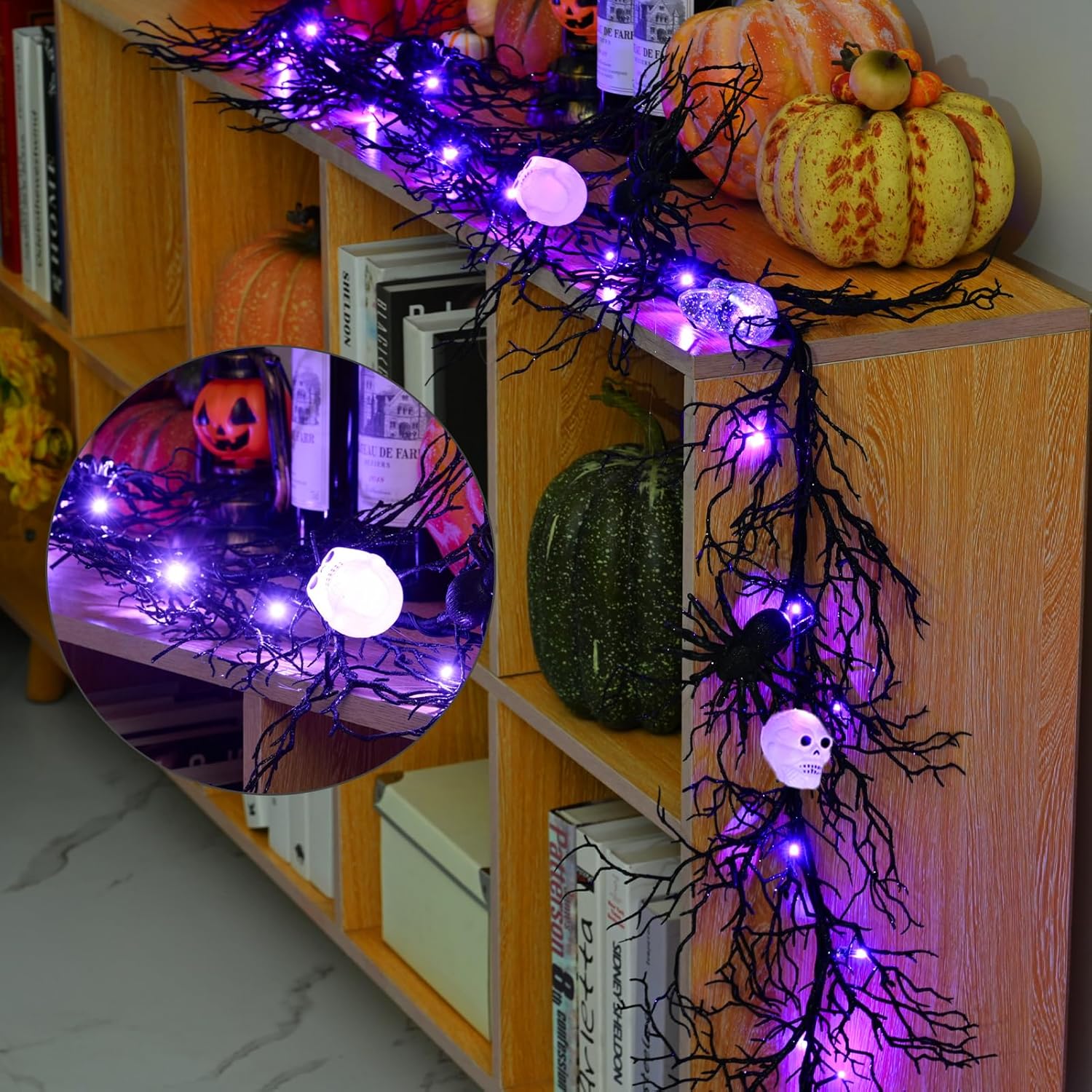 Guirnalda de Halloween para decoración de Halloween, guirnalda negra de 6 pies con temporizador, luces LED de araña, decoración de Halloween,