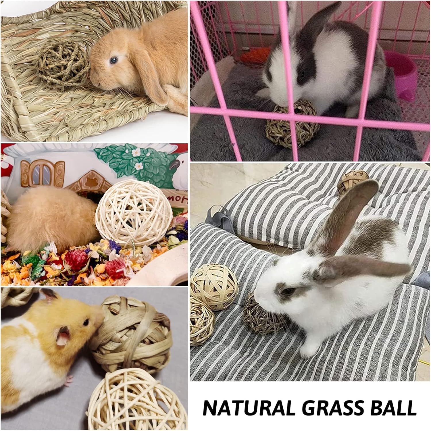 PINVNBY Casa de hierba de conejillo de indias con juguetes para masticar, conejito pequeño, escondite natural para mascotas, cabaña de césped con