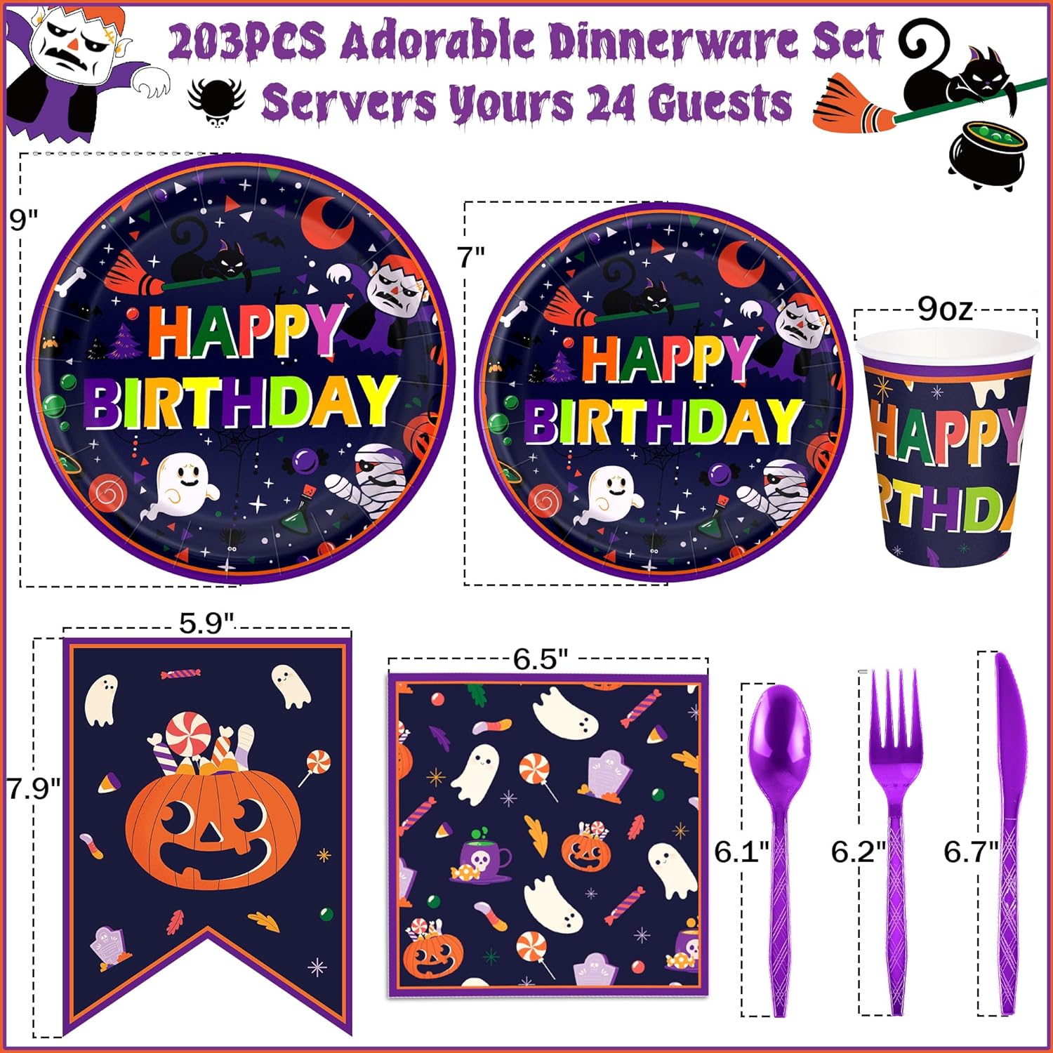 Juego de 202 piezas de vajilla desechable para fiesta de cumpleaños de Halloween, color morado, para 24 platos de calabaza, tazas, manteles de