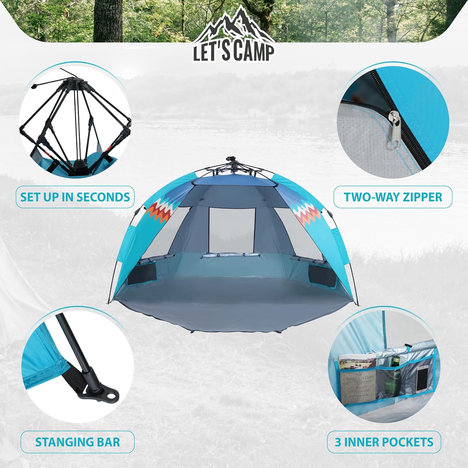 LET’S CAMP Tienda de campaña de playa desplegable para 2 personas, refugio solar de fácil instalación, protección UV con porche con cremallera