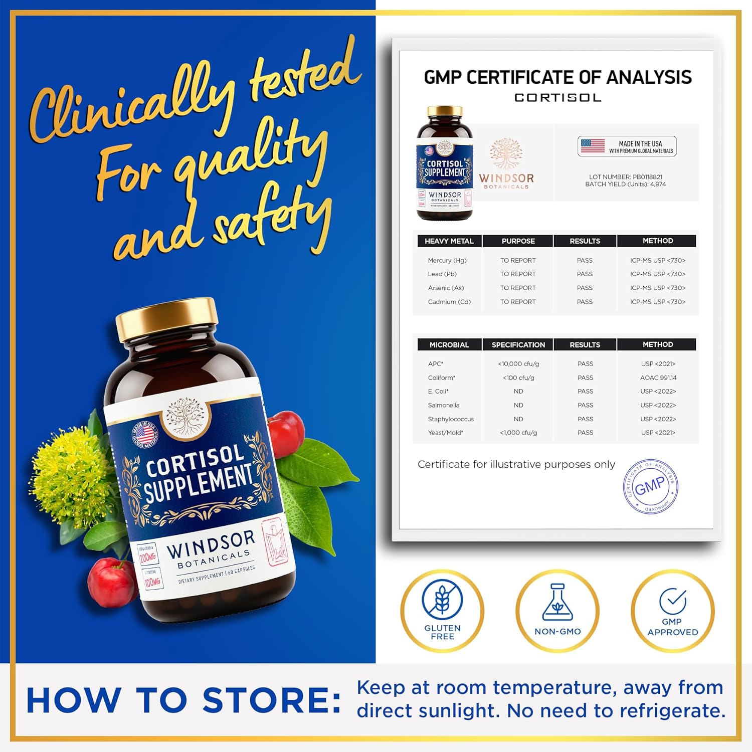 Suplemento de cortisol y reductor de cortisol, administrador de cortisol integrador con Ashwagandha calmante, L-tirosina, estado de ánimo, estrés,
