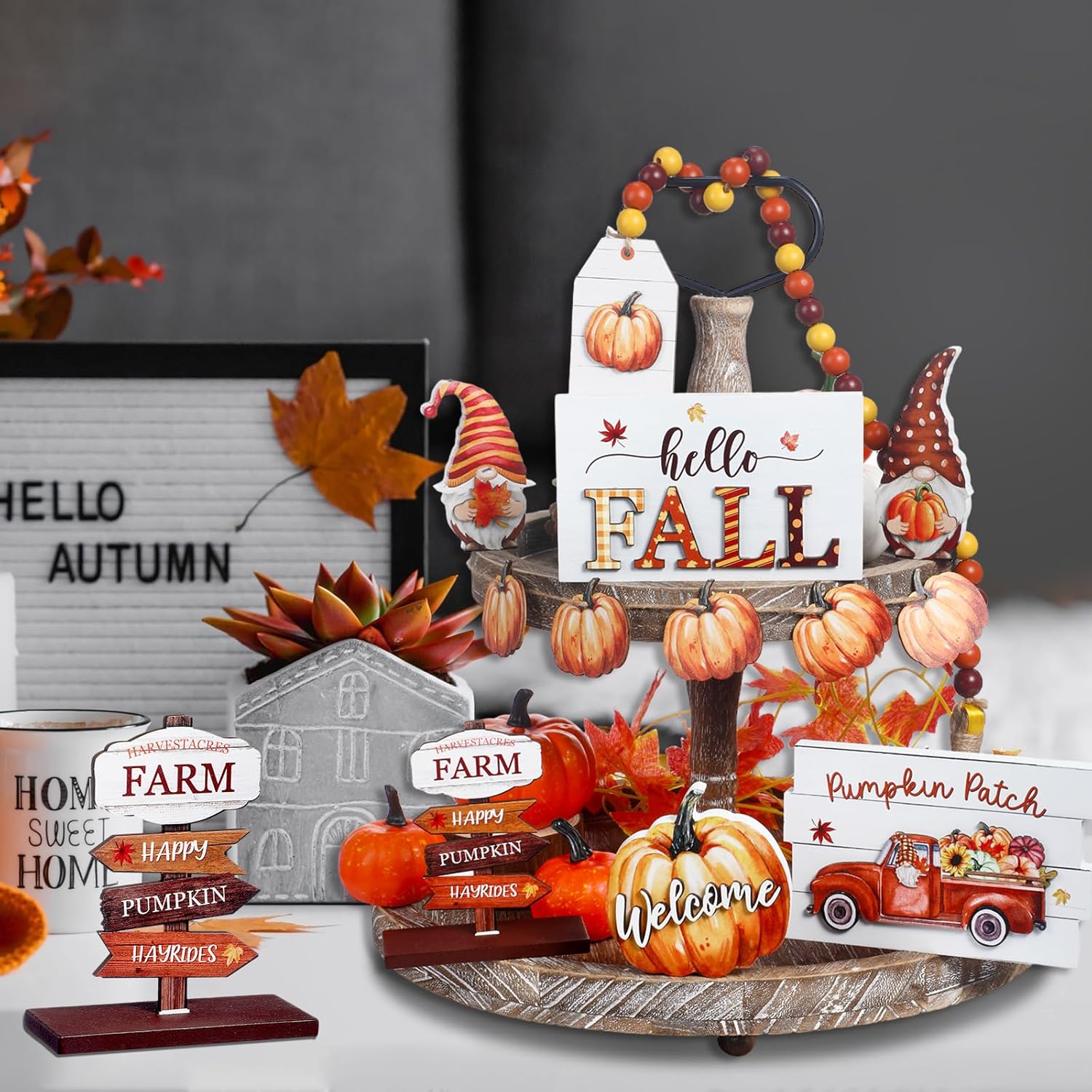 Juego de 12 piezas de decoración de bandejas escalonadas de madera con texto en inglés “Hello Fall Pumpkin Gnomo”, letreros para otoño, vacaciones,