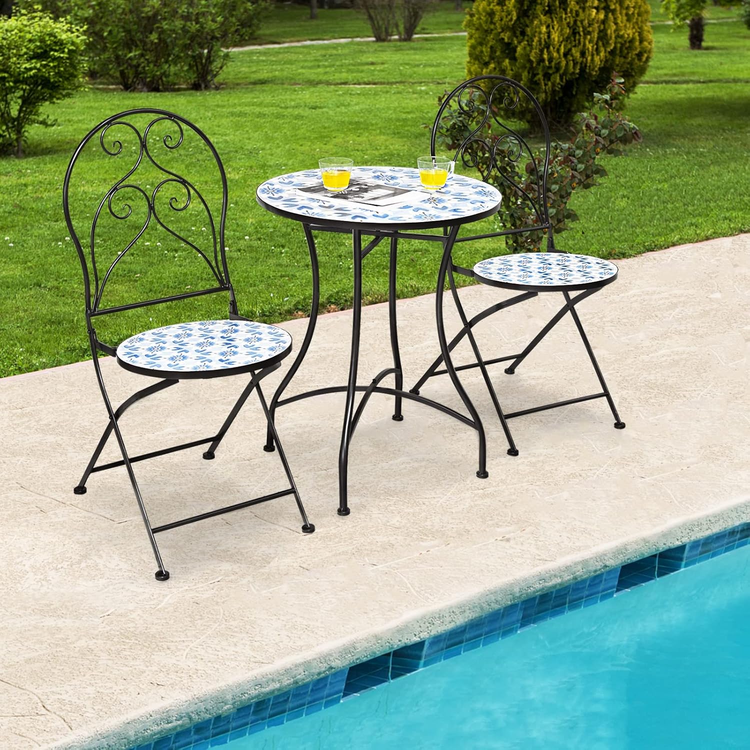 Giantex 2 sillas plegables de bistró, sillas de patio de mosaico con asiento de azulejos de cerámica y exquisito patrón floral, sillas de comedor al