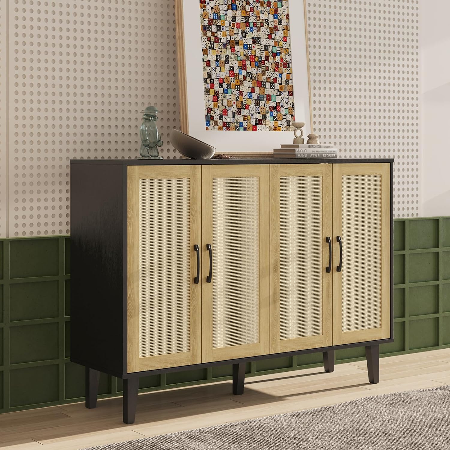 Kopuity Armario de almacenamiento con ribete de ratán, aparador de 4 puertas con almacenamiento, armario decorativo con estantes para baño,