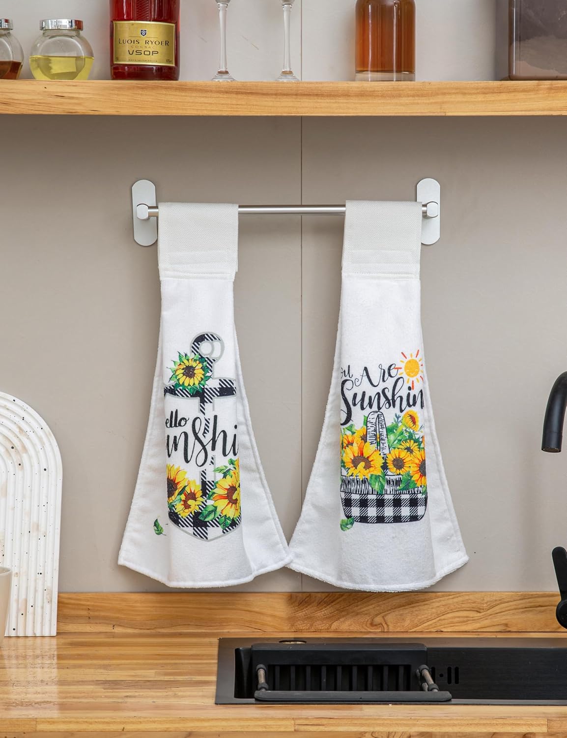 Mayler Yee Juego de 4 toallas de cocina colgantes con girasol y búfalo a cuadros, toallas de mano con velcro para cocina, baño, decoración de