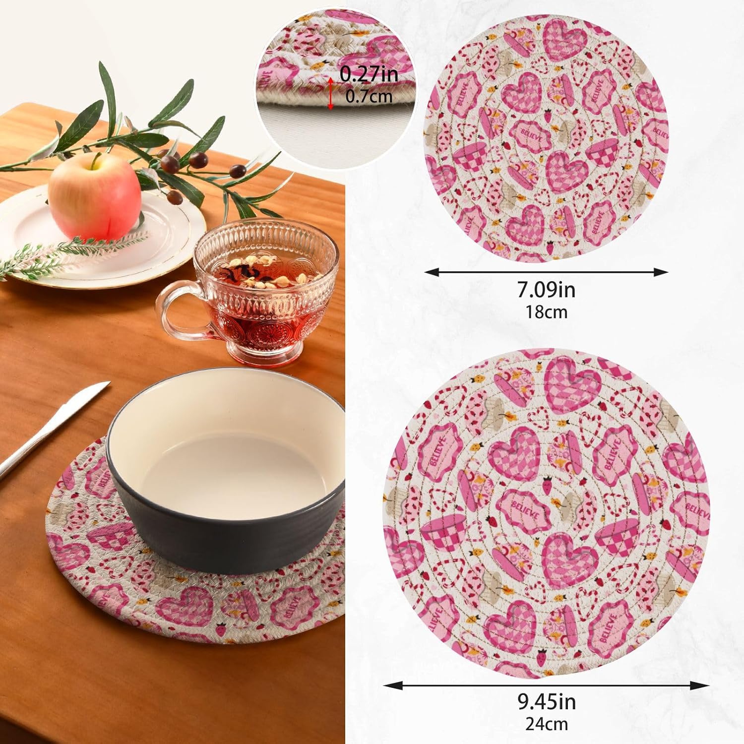 Utensil Doodle Strawberry Pink Hot Mats Pads for Kitchen Heat Resistant Round Trivet Mat for Coaster Hot Pots Pans Cotton Woven Trivet Pot Holders