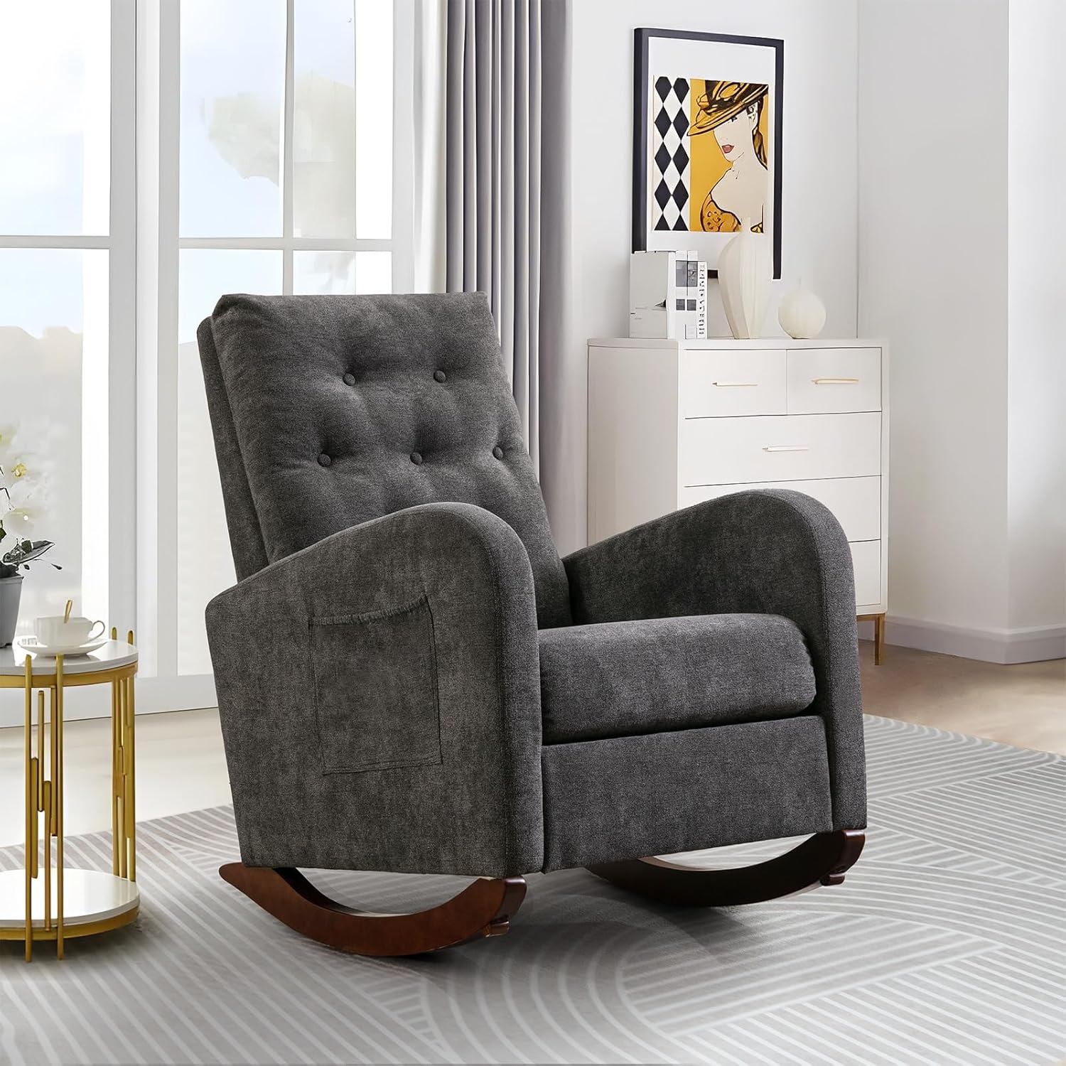 Mecedora moderna para guardería, silla mecedora tapizada con respaldo alto copetudo, cómodo sillón decorativo con cojín grueso y bolsillo grande