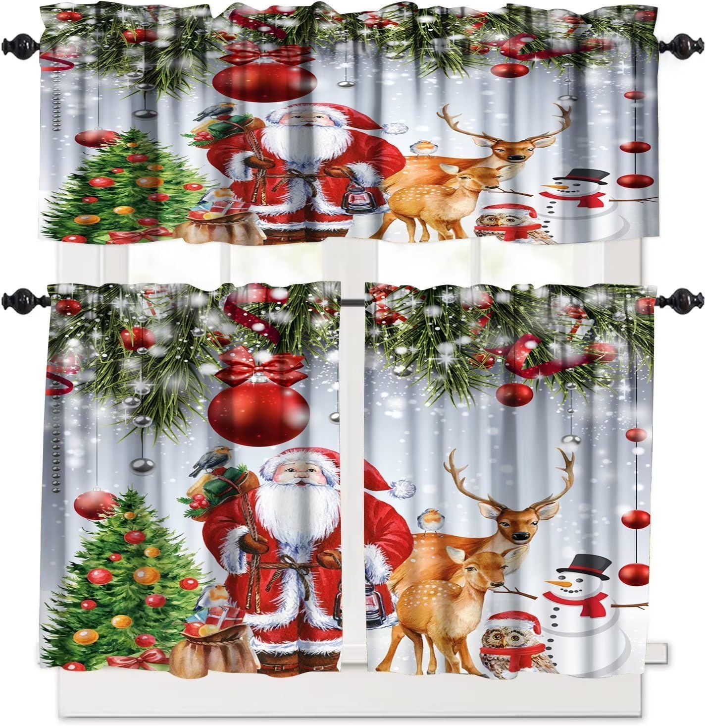 Cortinas de cocina de 3 piezas con diseño de Papá Noel, muñeco de nieve, árbol de Navidad, copo de nieve, invierno, vacaciones, feliz año nuevo,