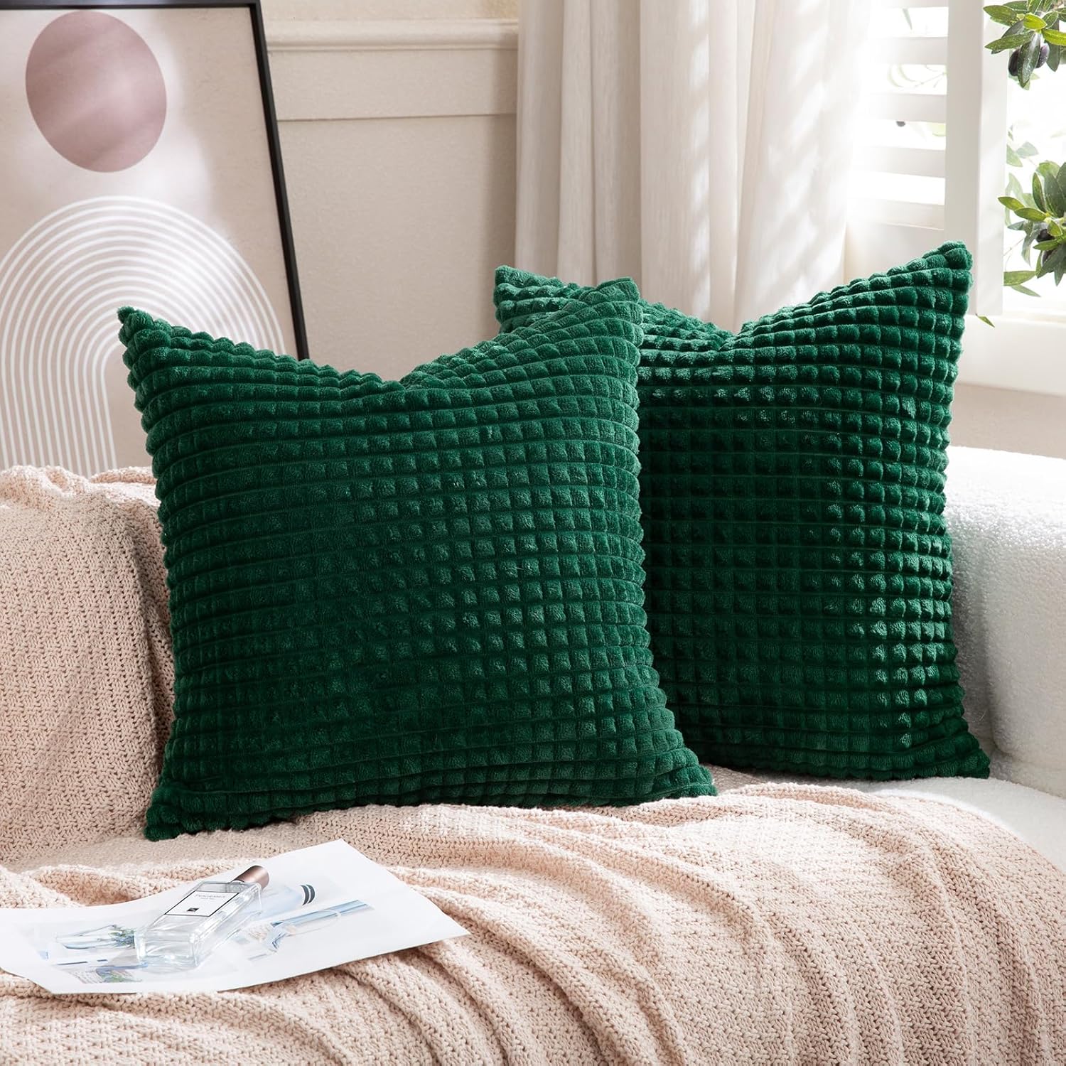 Juego de 2 fundas de almohada decorativas de color verde oscuro de 16 x 16 pulgadas, fundas de almohada de franela de felpa súper suave, esponjosas