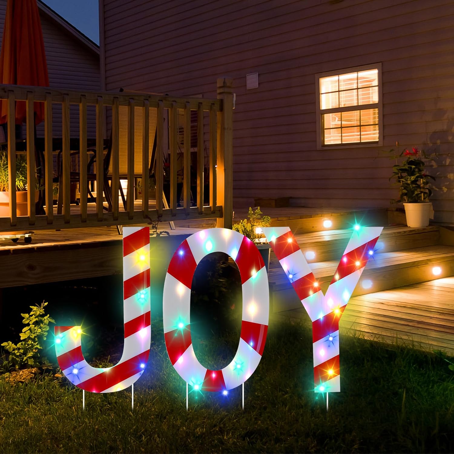 Letrero LED JOY de Navidad con estacas y luces, diseño de caramelo de menta roja, letrero LED JOY para patio, jardín, Candyland, Navidad, decoración