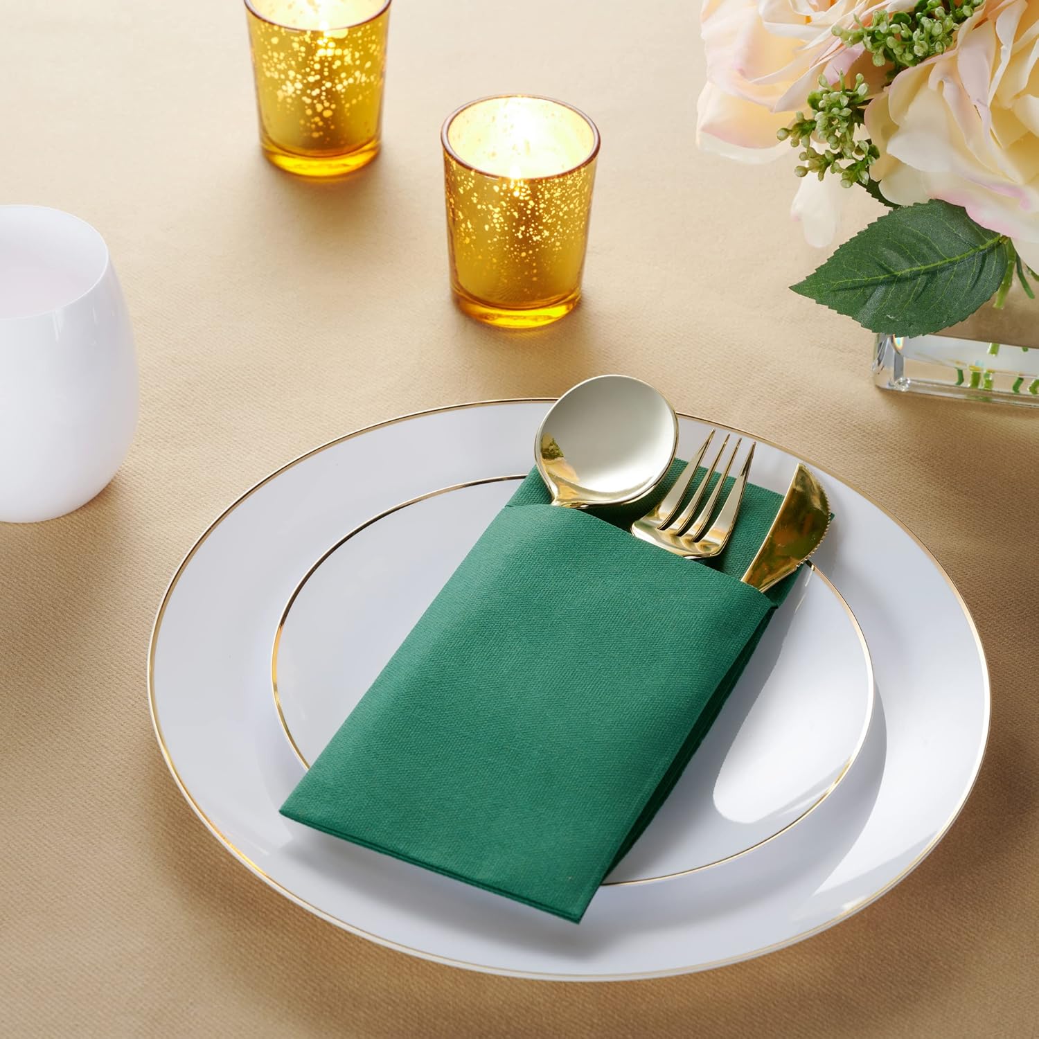 Servilletas desechables de lino con bolsillo integrado para cubiertos, paquete de 50 servilletas de papel preplegadas verdes para cenas, bodas o