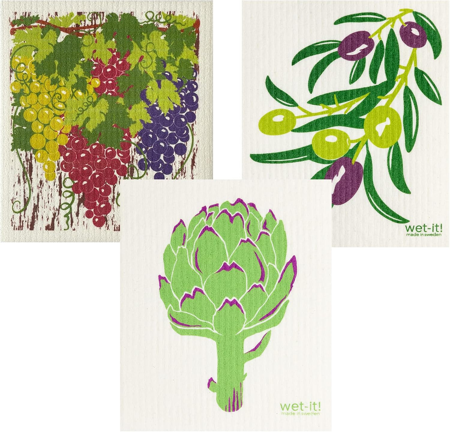 Juego de 3 paños de cocina suecos – Uvas nuevas, alcachofas, aceitunas