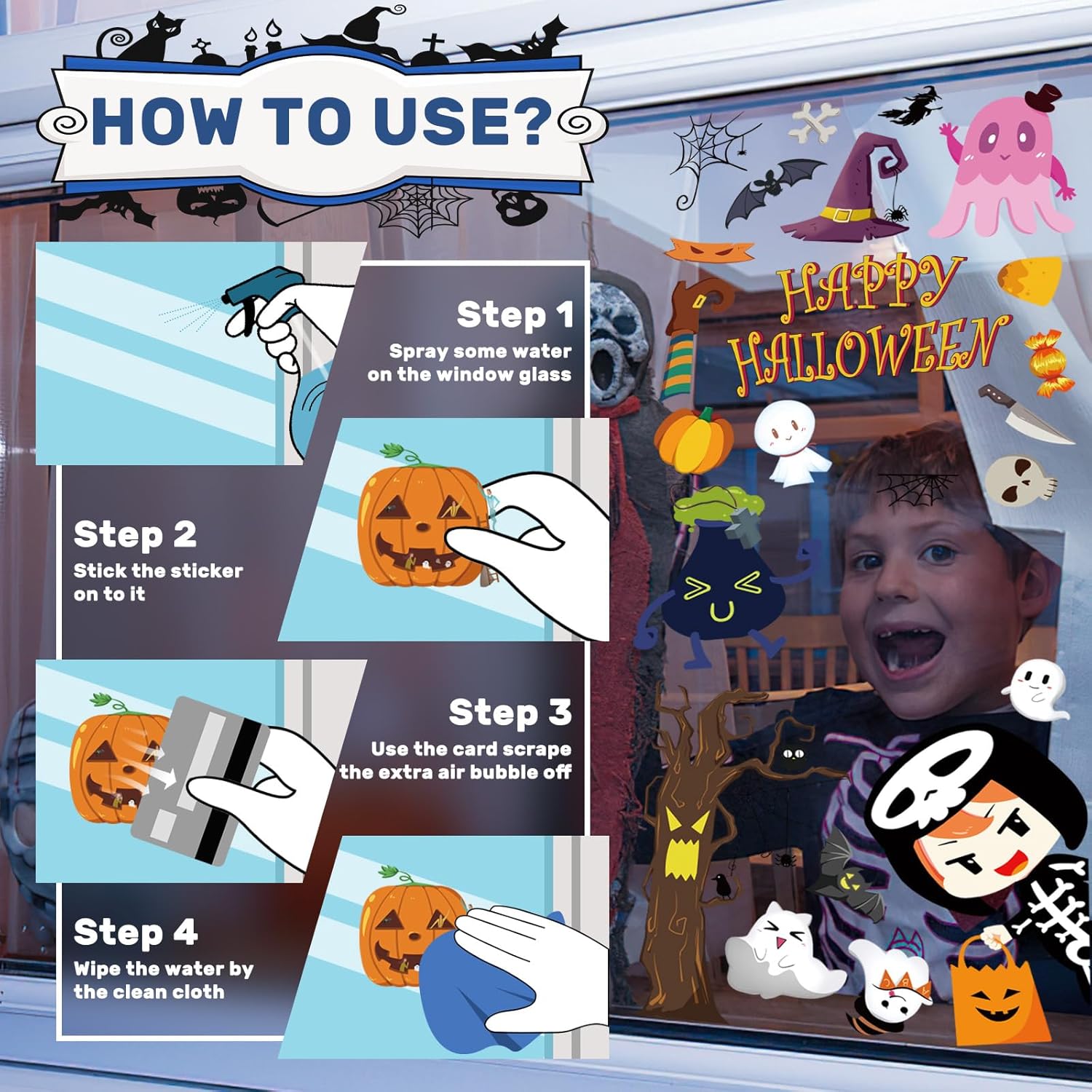 Adhesivos de Halloween para ventana, 9 hojas de decoración de ventana de Halloween, calcomanías de Halloween para ventana, lindo fantasma de