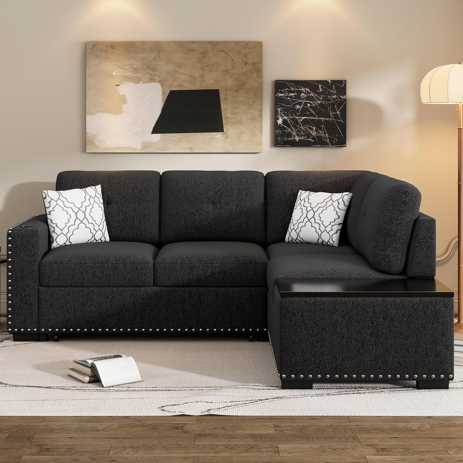 Sofá cama modular reversible de 83.8 pulgadas con diván de almacenamiento, sofá esquinero en forma de L con puertos USB y enchufes de corriente,