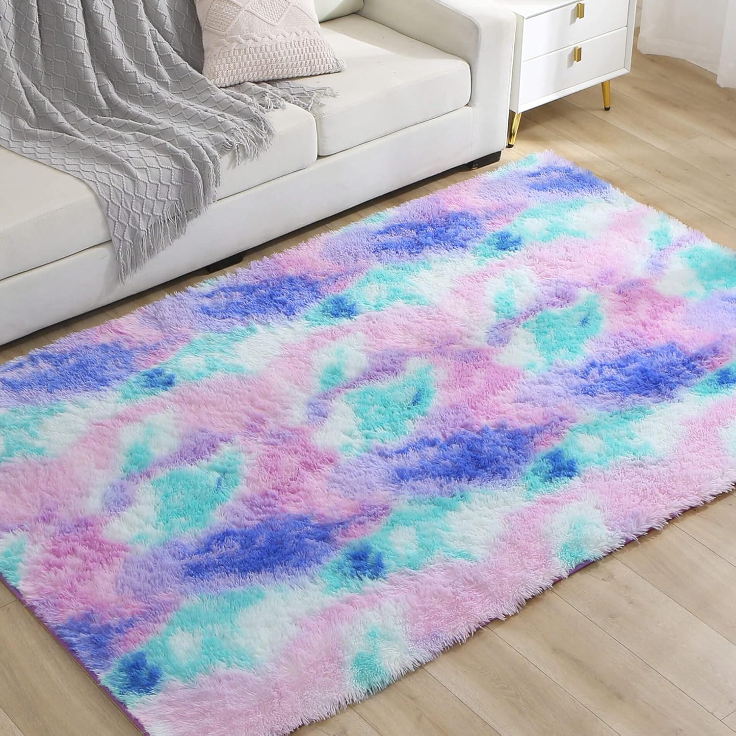 Ultra Soft Shaggy Rug for Bedroom, 4 x 6 Feet Modern Tie Dye Area Rug, Purple Blue Fluffy Carpet for Living Room, Kids Girls Room, Bedside, Home