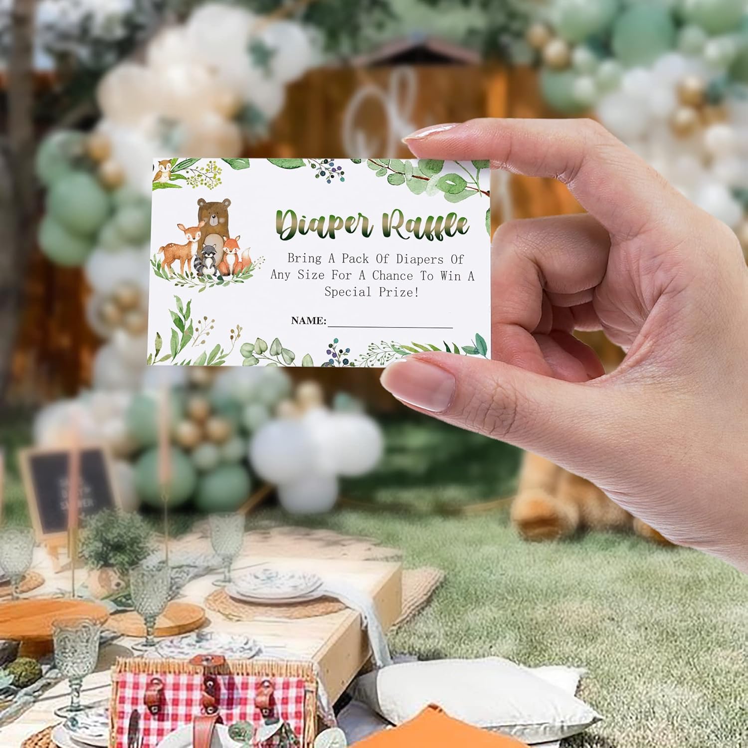 25 invitaciones para baby shower de bosque con sobres, boletos para rifas de pañales y tarjetas de solicitud de libros, calcomanías de animales del