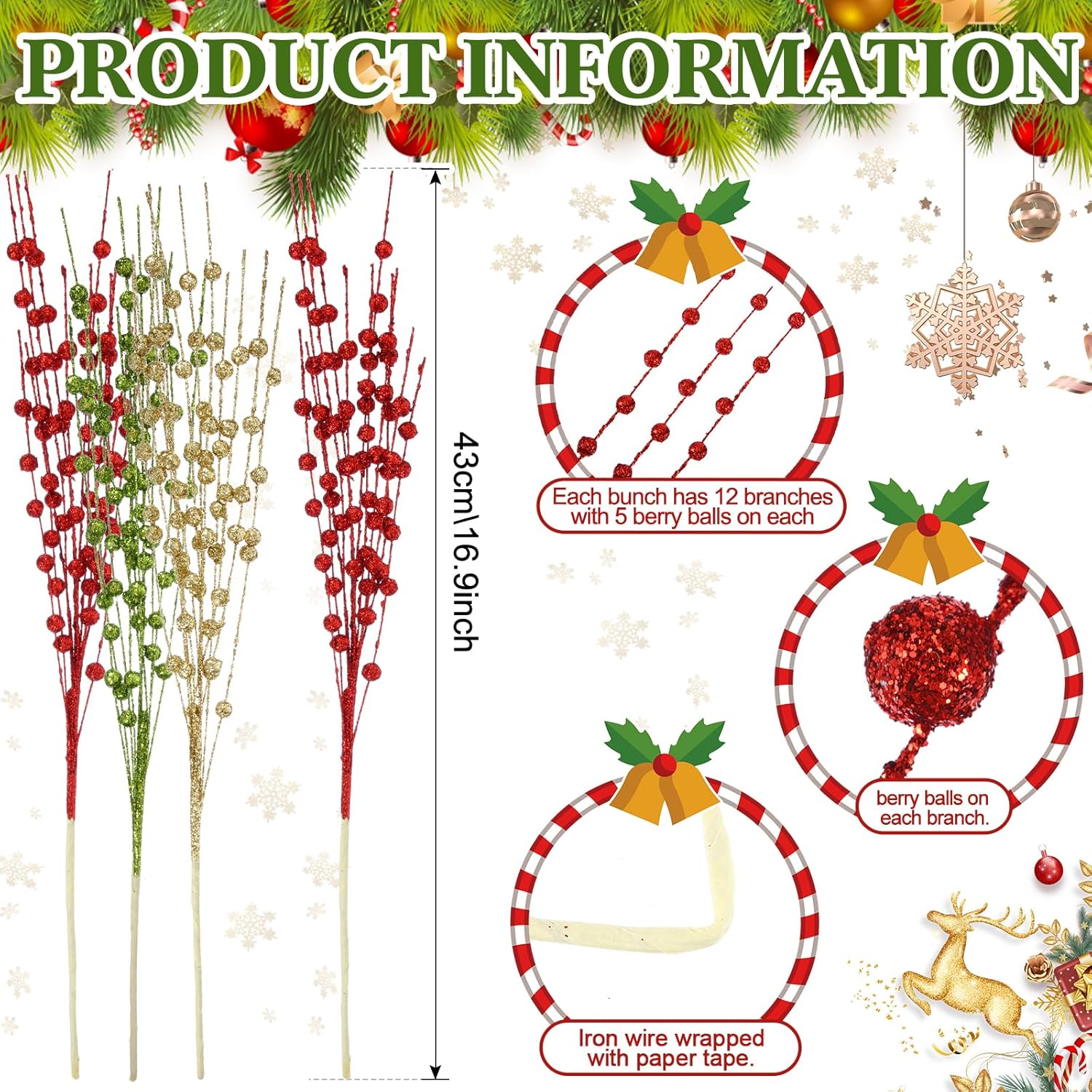 36 paquetes de adornos de tallo de bayas de Navidad de 16.9 pulgadas, tallos de Navidad artificiales decorativos con purpurina para jarrón de árbol