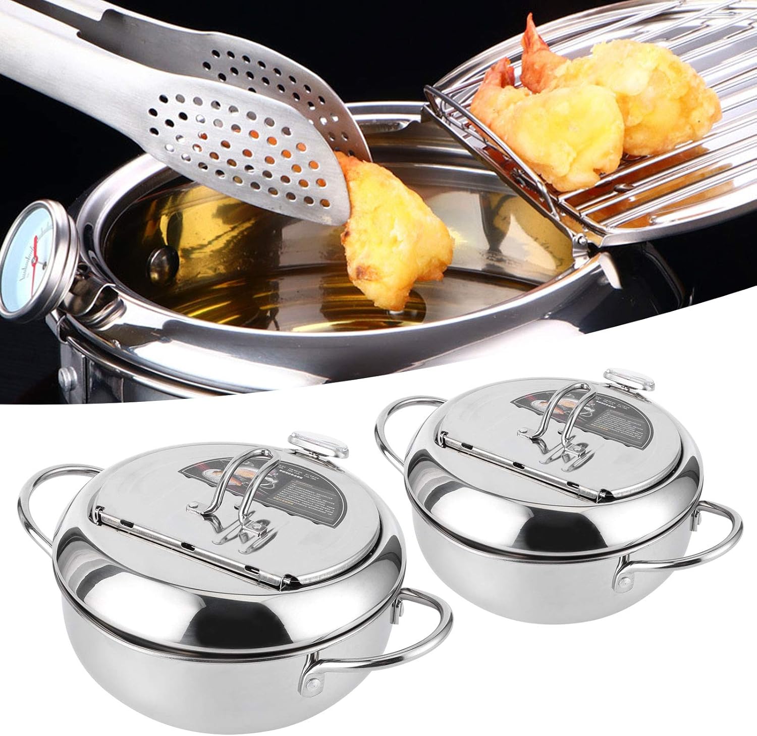 Olla pequeña con termómetro Fahrenheit, olla freidora, freidora de acero inoxidable 304 con rejilla de drenaje de aceite para papas fritas, pescado